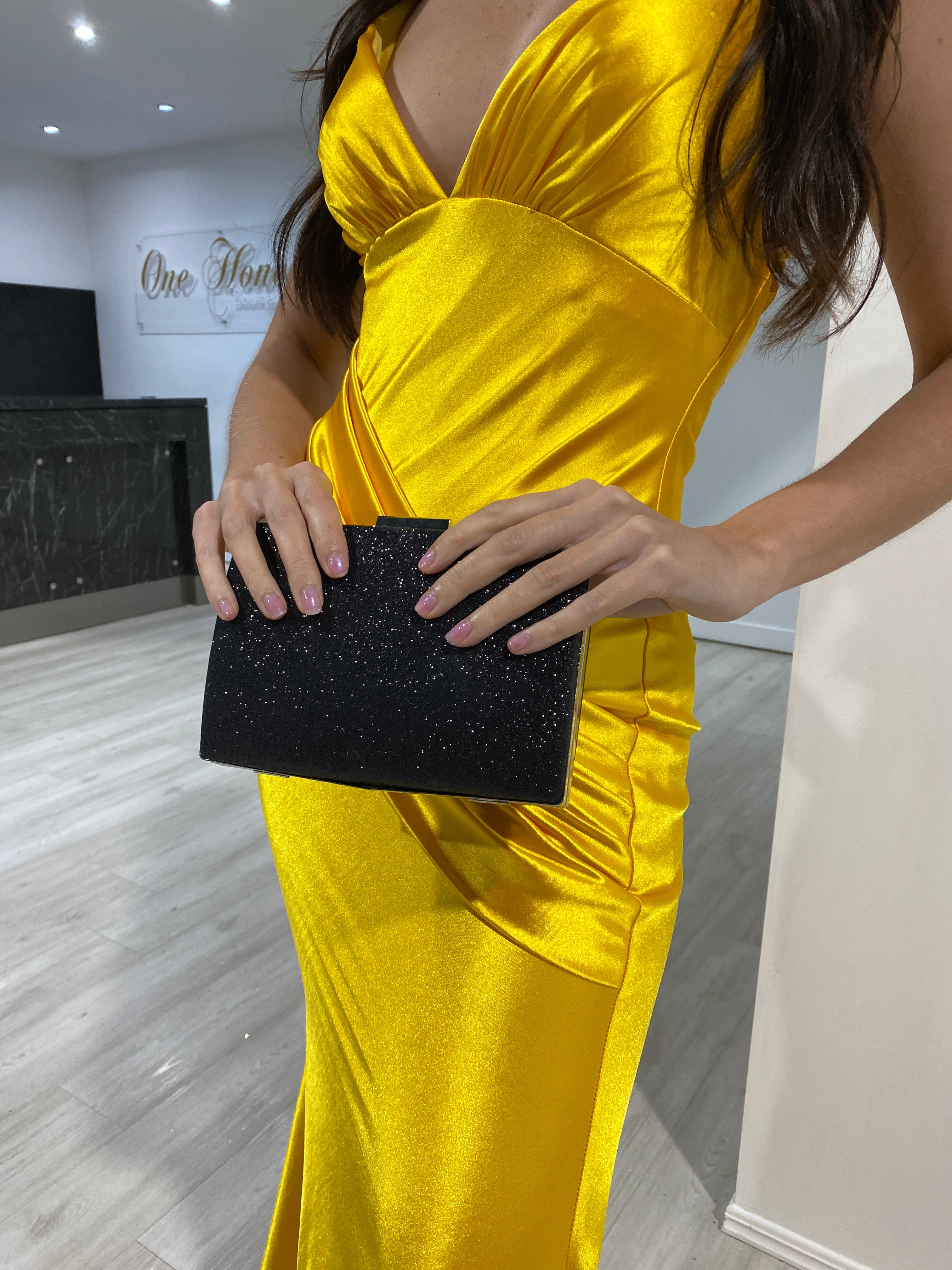 Honey Couture MADEMOISELLE Black Glitter Box Clutch Bag