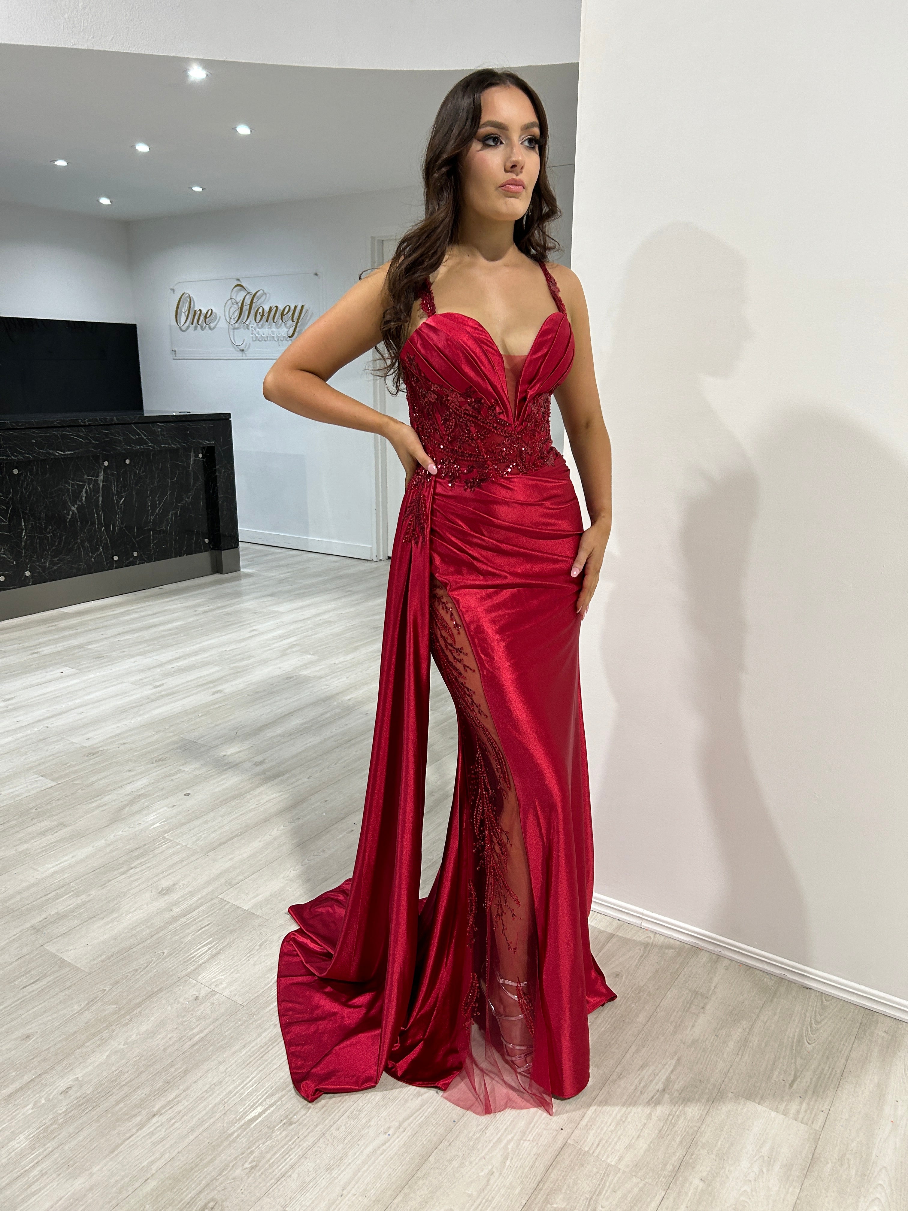 ANTONIA Embellished Corset Satin Mermaid evening gown with beaded sheer slit, pleated bust. Perfect for Brisbane to Gold Coast.