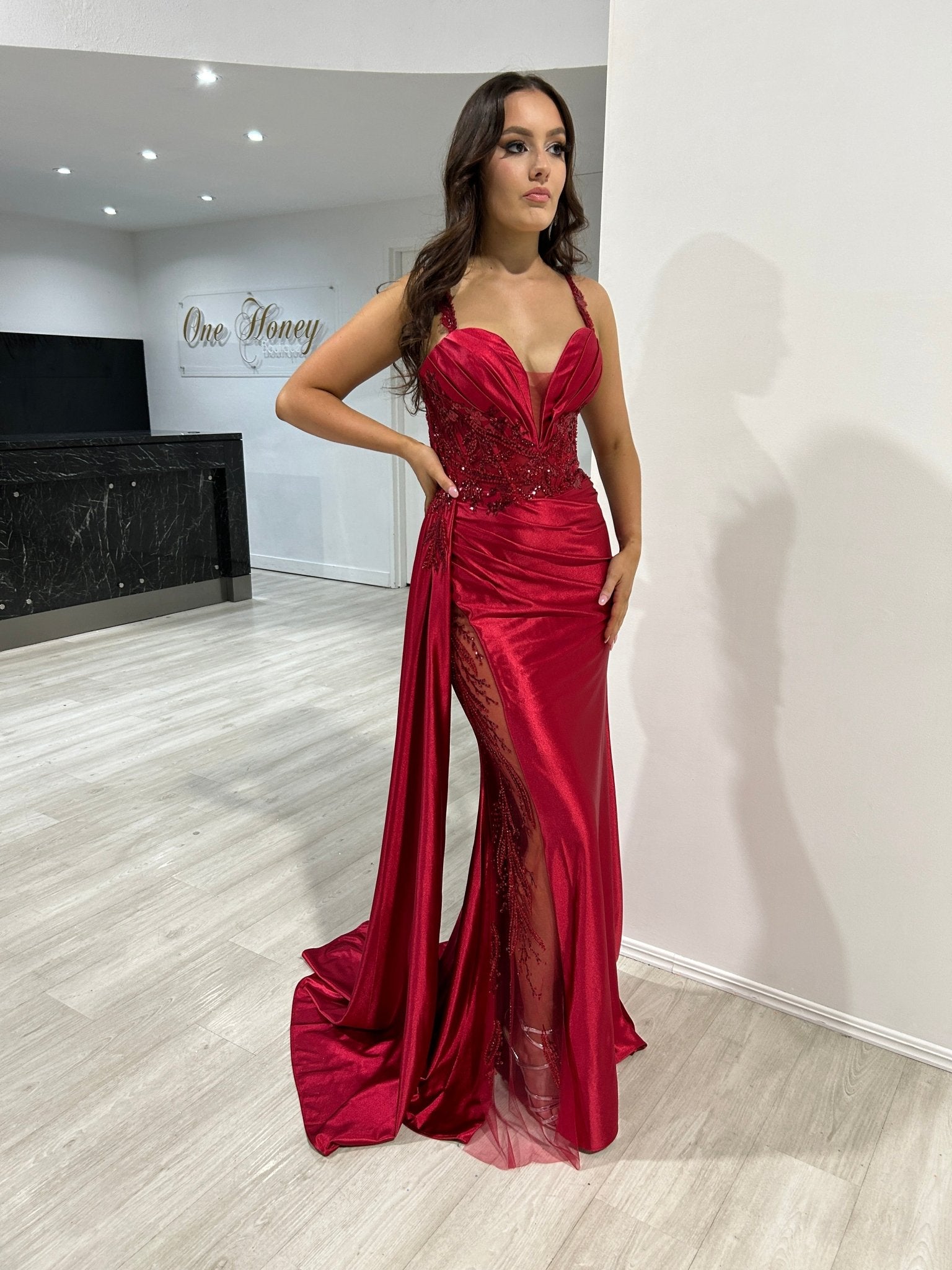 ANTONIA Embellished Corset Satin Mermaid Formal Dress in Australia | One Honey Boutique