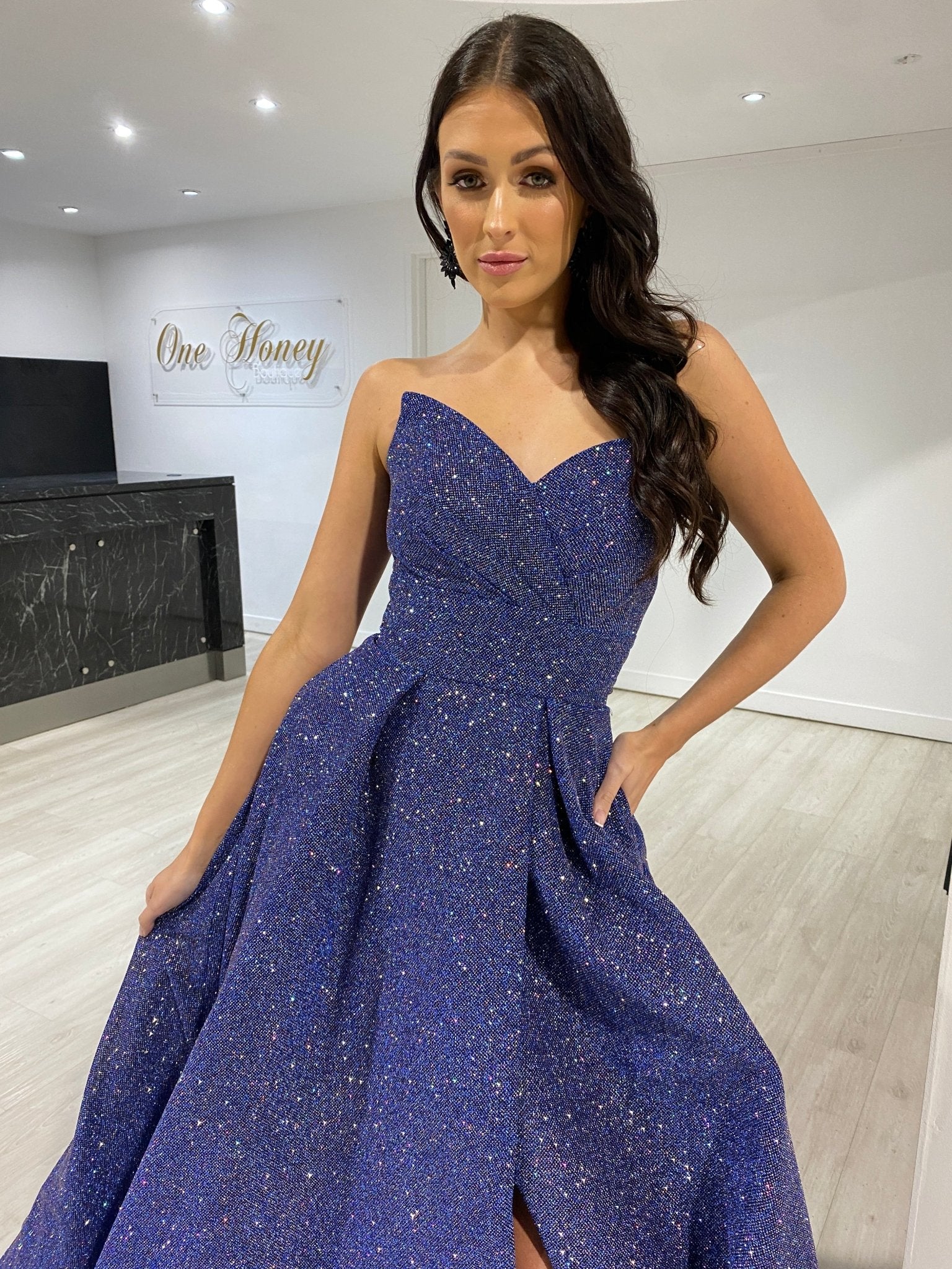 Honey Couture POLLY Royal Blue Glitter Shimmer Strapless Ballgown Formal Dress in Australia | One Honey Boutique