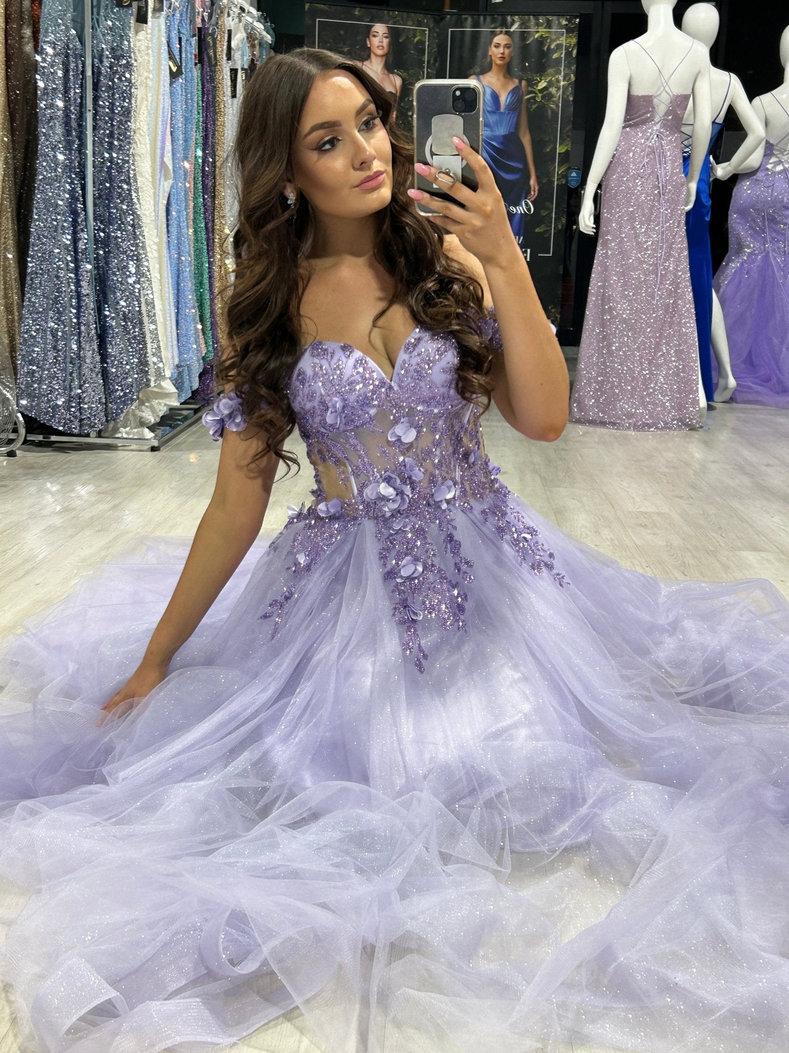 Honey Couture KARRISA Lavender Glitter off the Shoulder A - Line Formal Dress in Australia | One Honey Boutique