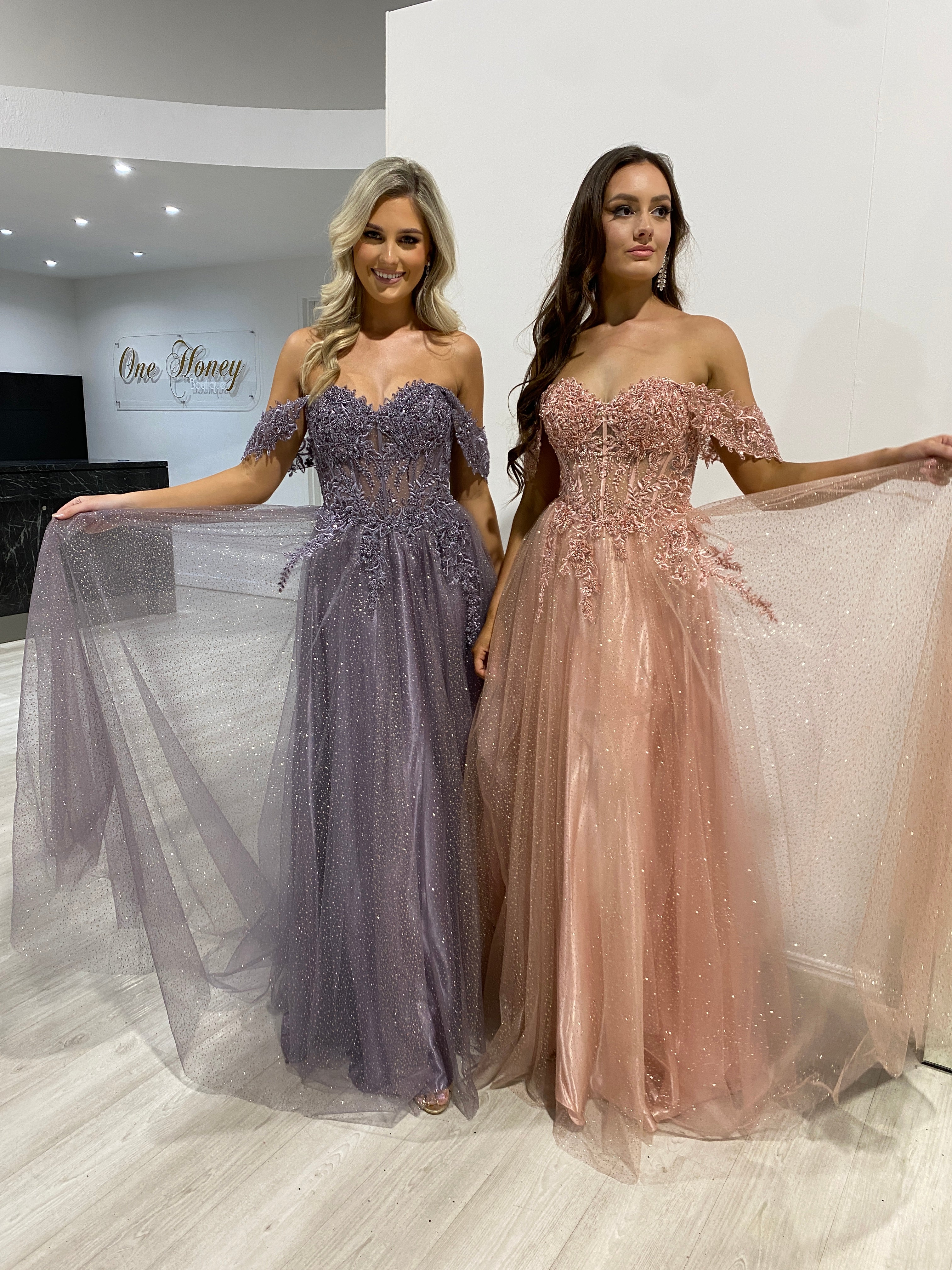 Honey Couture PHOEBE Blush Off the Shoulder Bustier Lace Applique Tulle Formal Dress