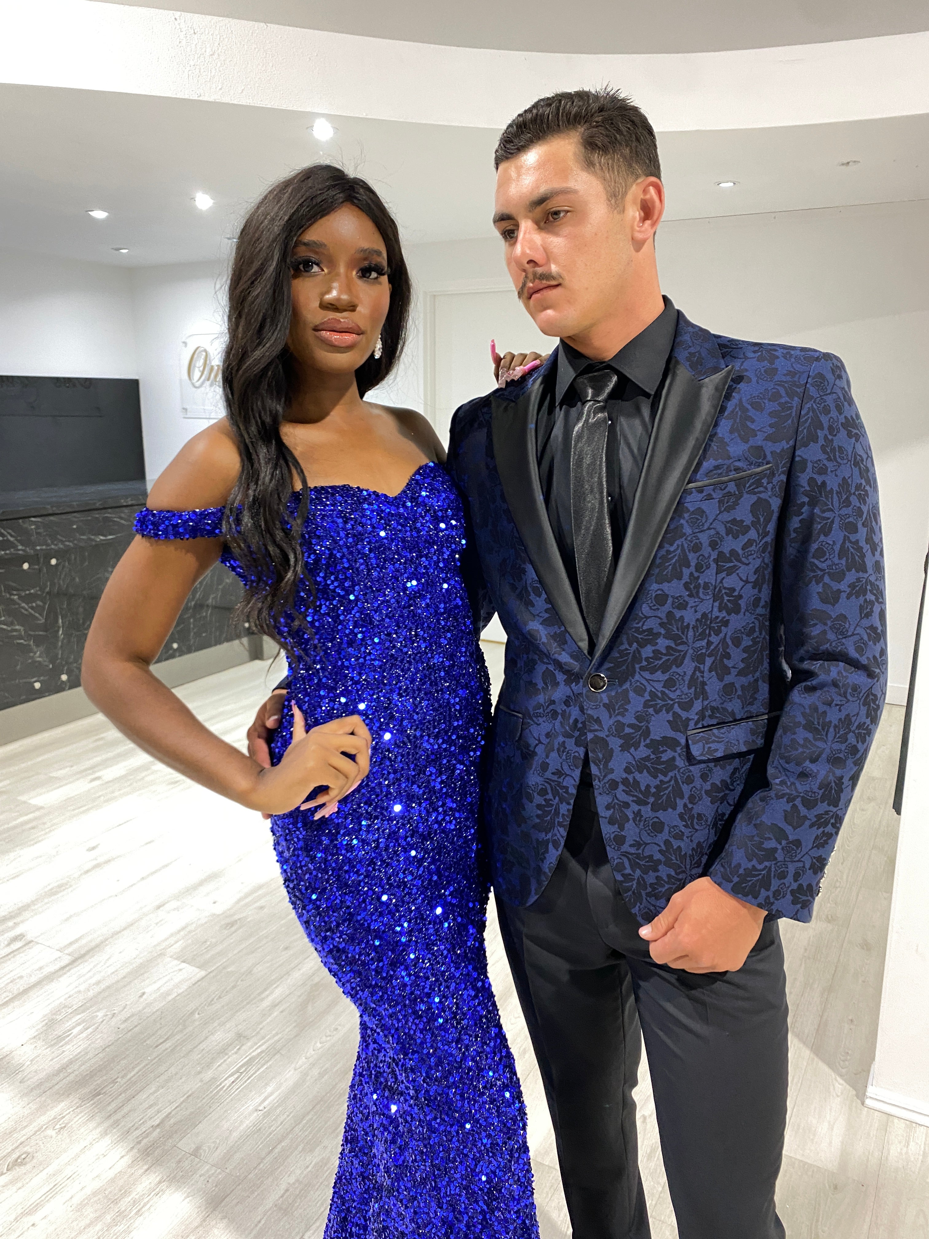 Honey Couture BLAIR Electric Blue Sequin Off Shoulder Gala Dress - Affordable Prom & Evening Gown by Australian Designer