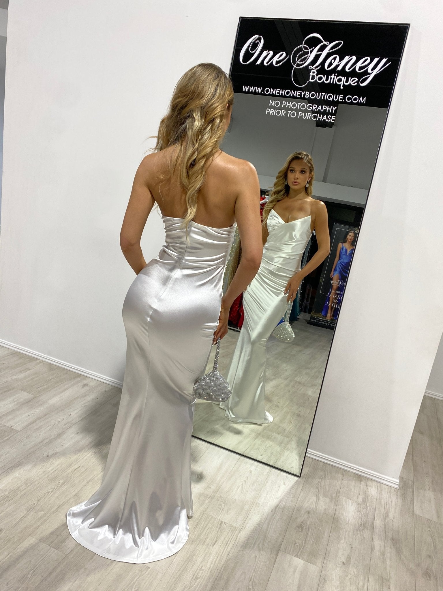 Honey Couture NIKOLE White Satin Strapless Silky Formal Dress in Australia | One Honey Boutique