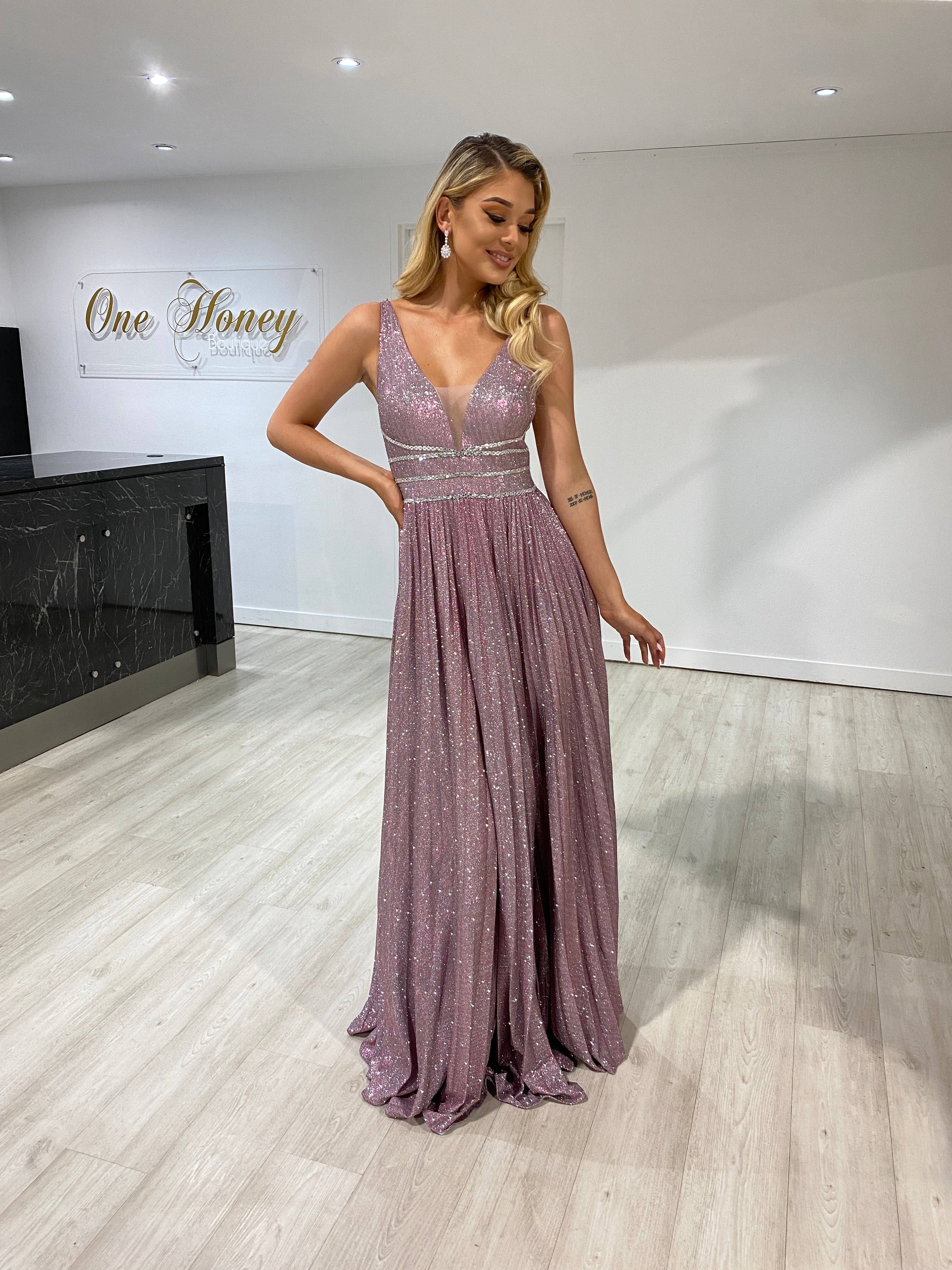 Honey Couture ANYA Blush Pink Shimmer A Line Formal Gown Dress