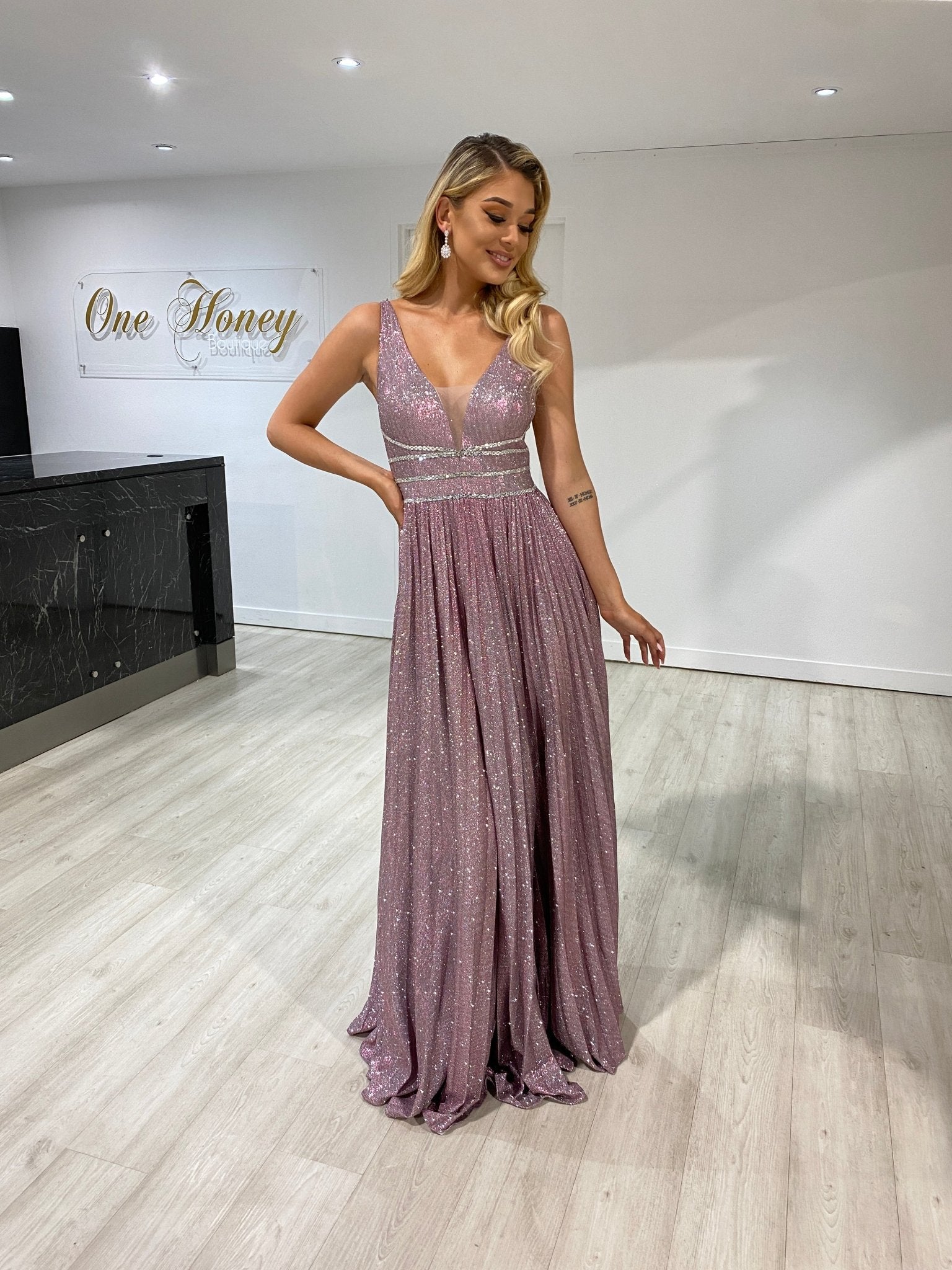 Honey Couture ANYA Blush Pink Shimmer A Line Formal Gown Dress in Australia | One Honey Boutique