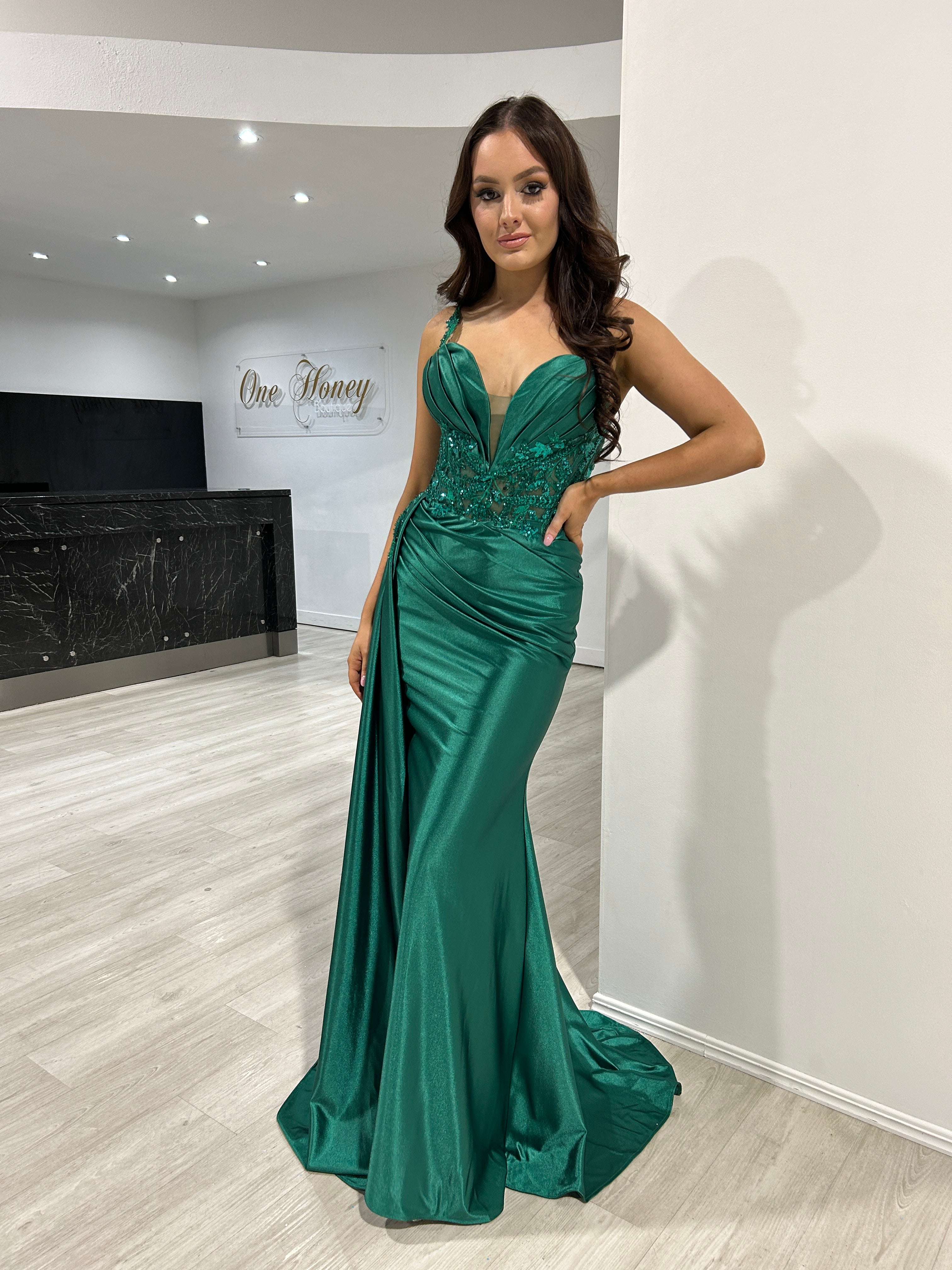 ANTONIA Embellished Dress with lace waist and beaded slit, mermaid formal gown. Perfect for proms. Brisbane to Gold Coast.