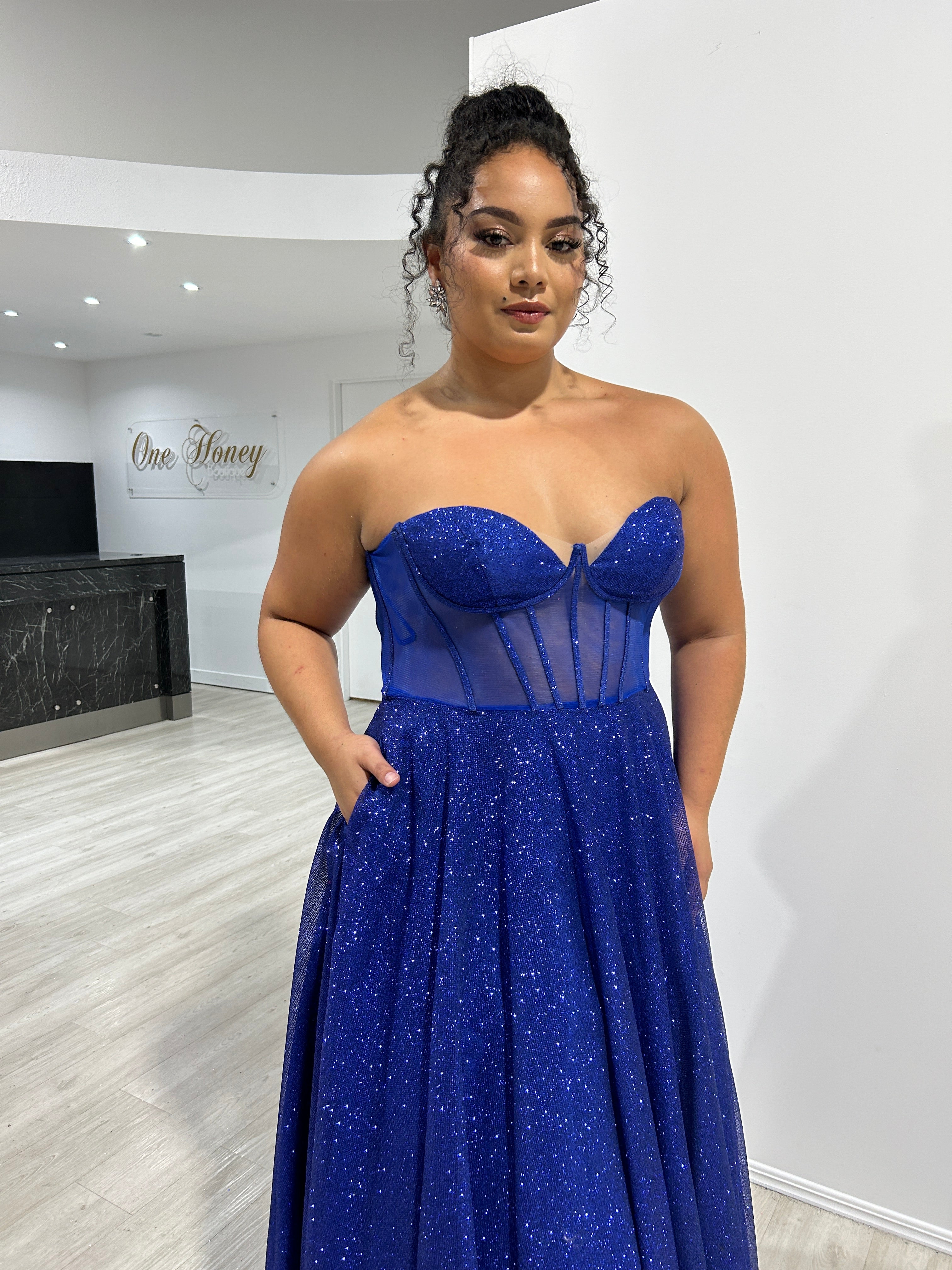 ALOMA Glitter Corset Strapless Formal Dress with sheer boned bodice, perfect evening gown for events from Brisbane to Gold Coast.