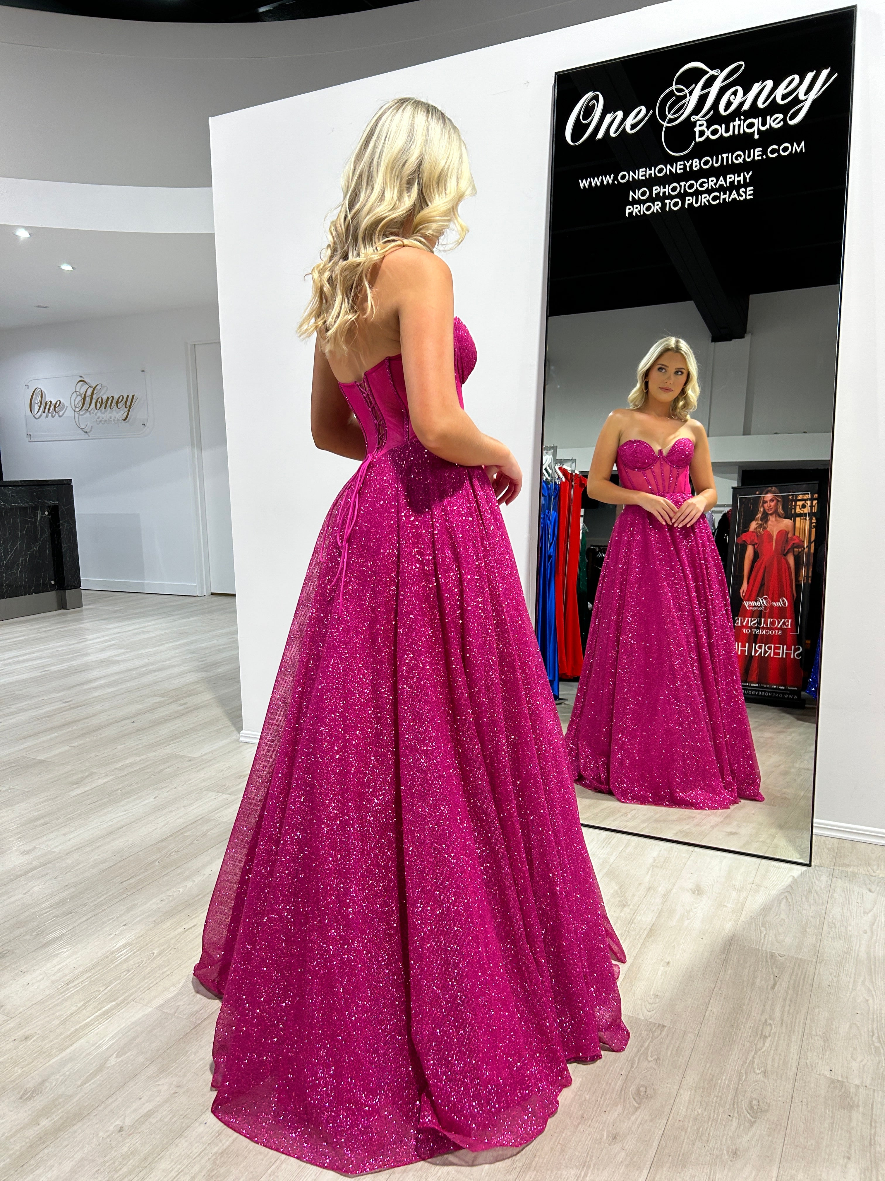 ALOMA Glitter Corset Strapless Formal Dress with a fitted glittering bodice, perfect evening gown look, Brisbane to Gold Coast.
