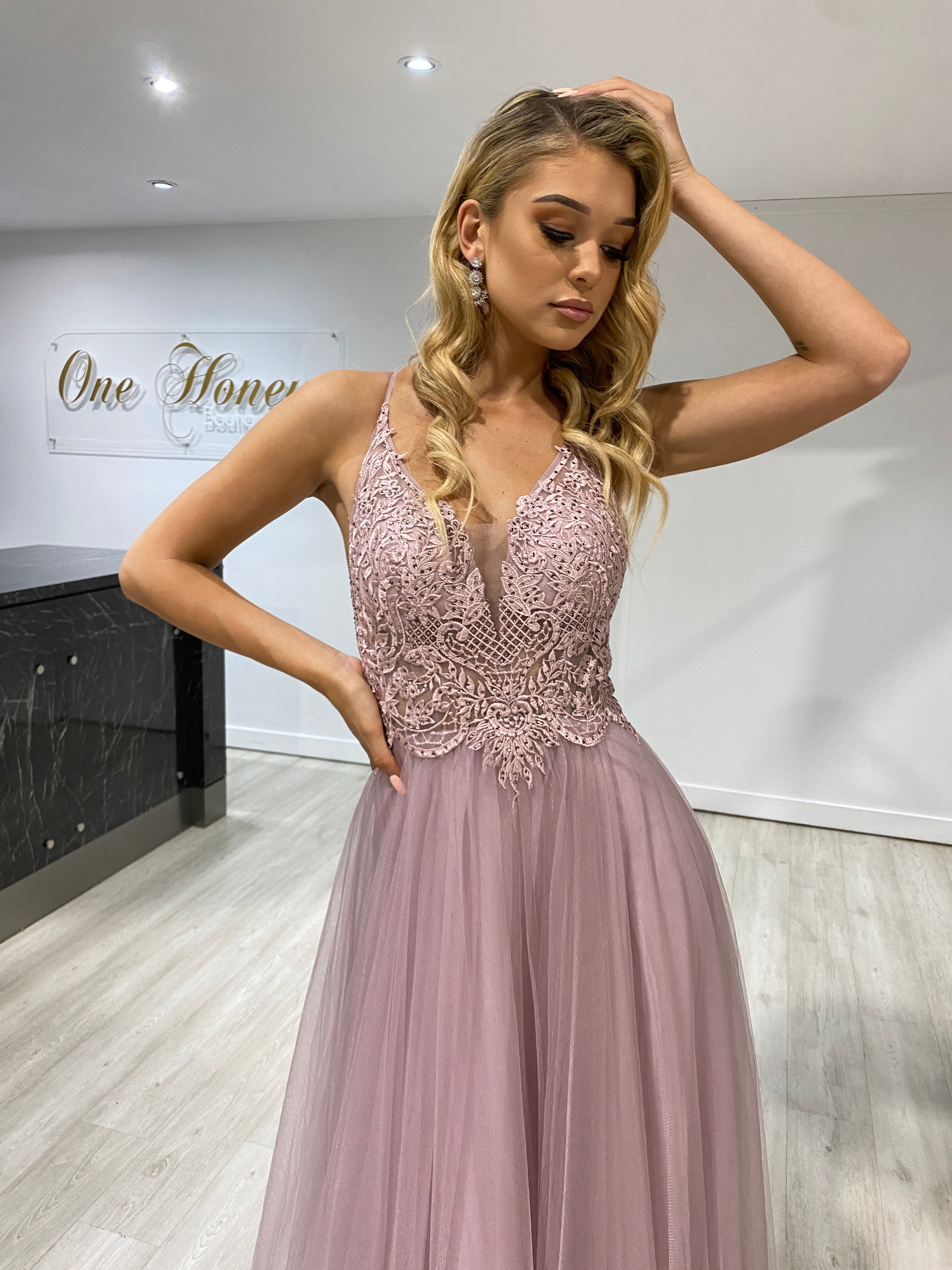 Honey Couture INEZ blush pink tulle lace gown, featuring a lace applique bust and open back, ideal for proms and formal occasions.