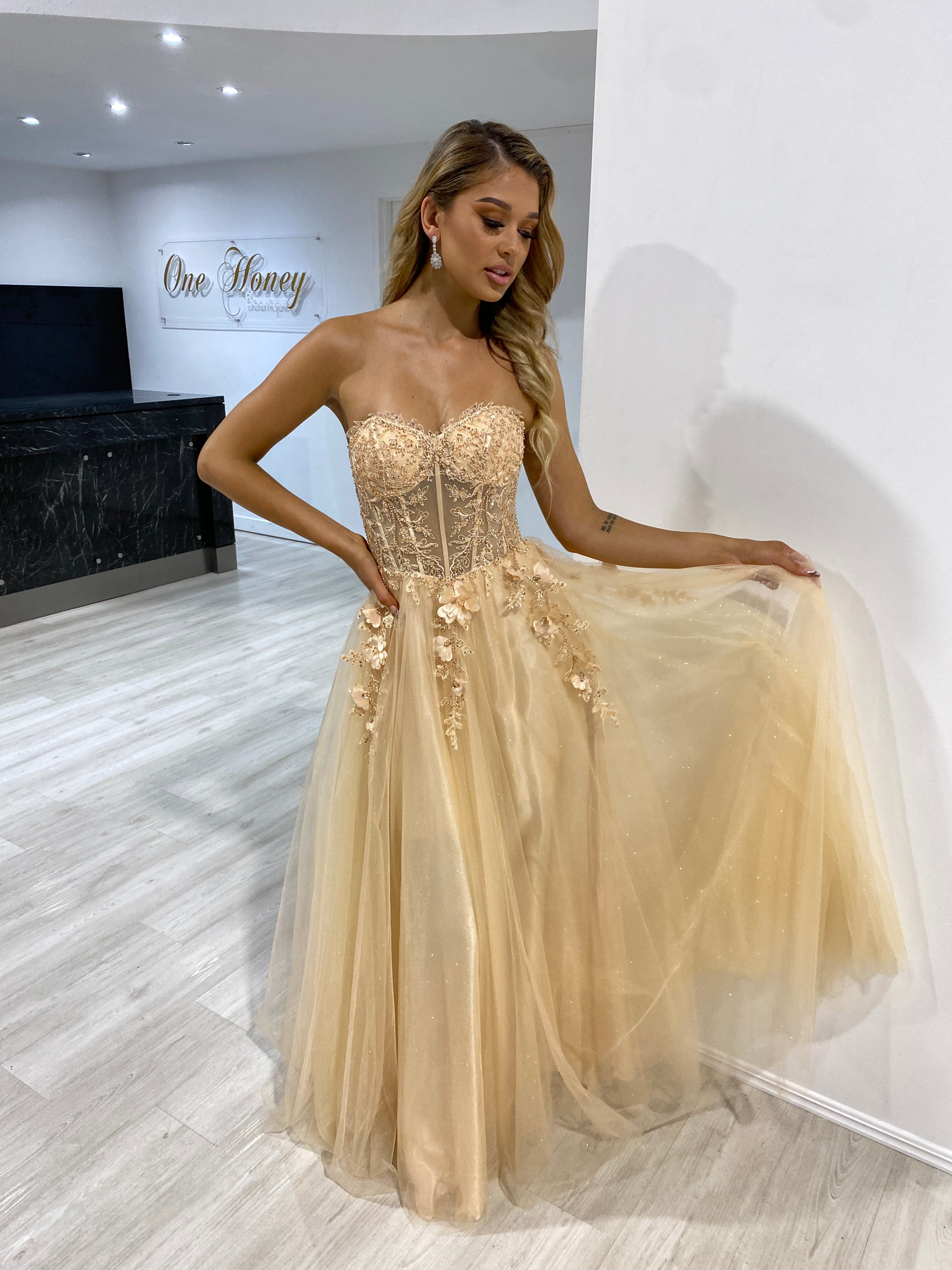 Honey Couture BLOOM Champagne Bustier Lace Applique Tulle Formal Dress