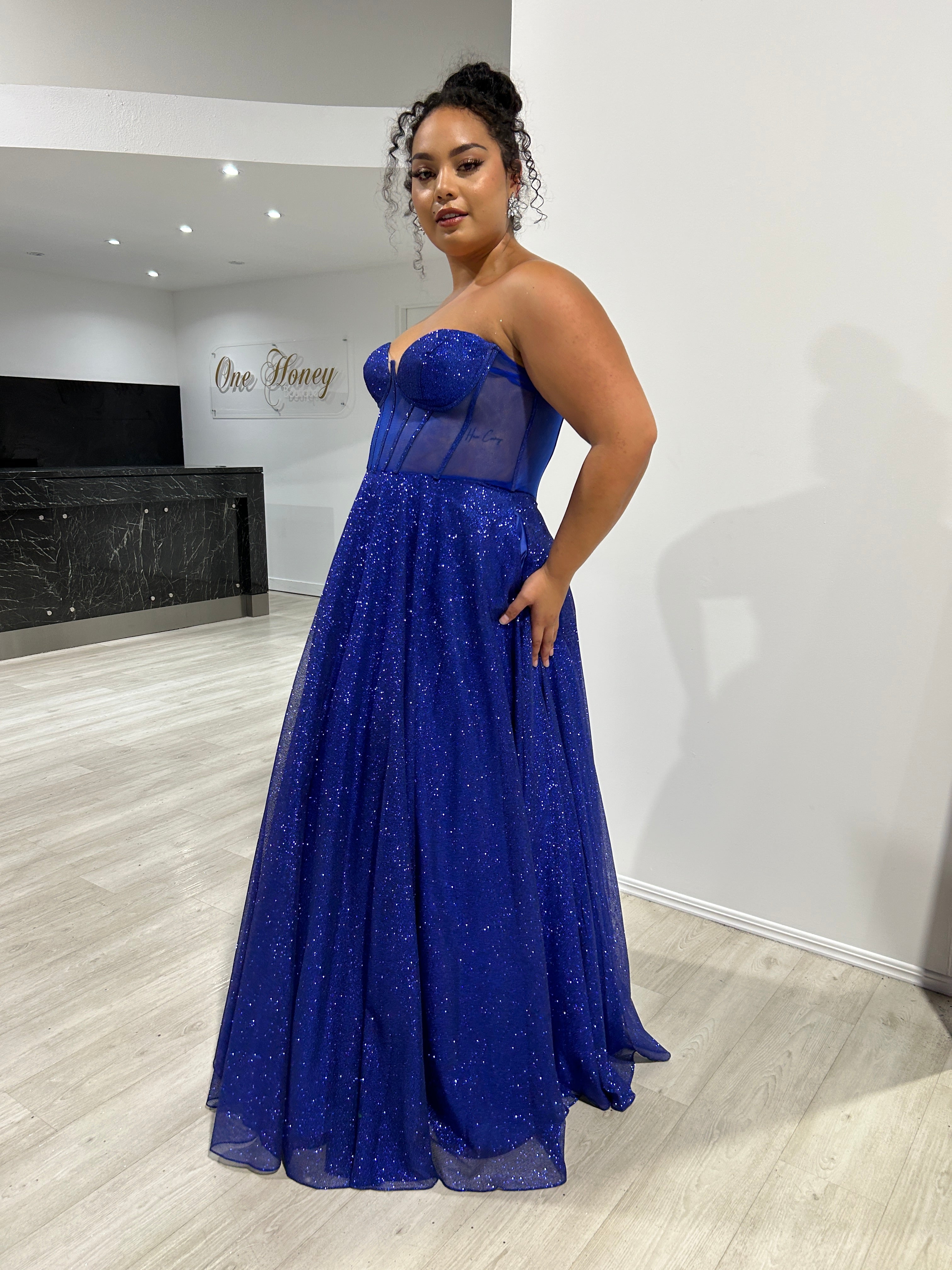 ALOMA Glitter Corset Strapless Dress showing sheer boned bodice in a ball gown style. Perfect for formal events, Brisbane to Gold Coast.