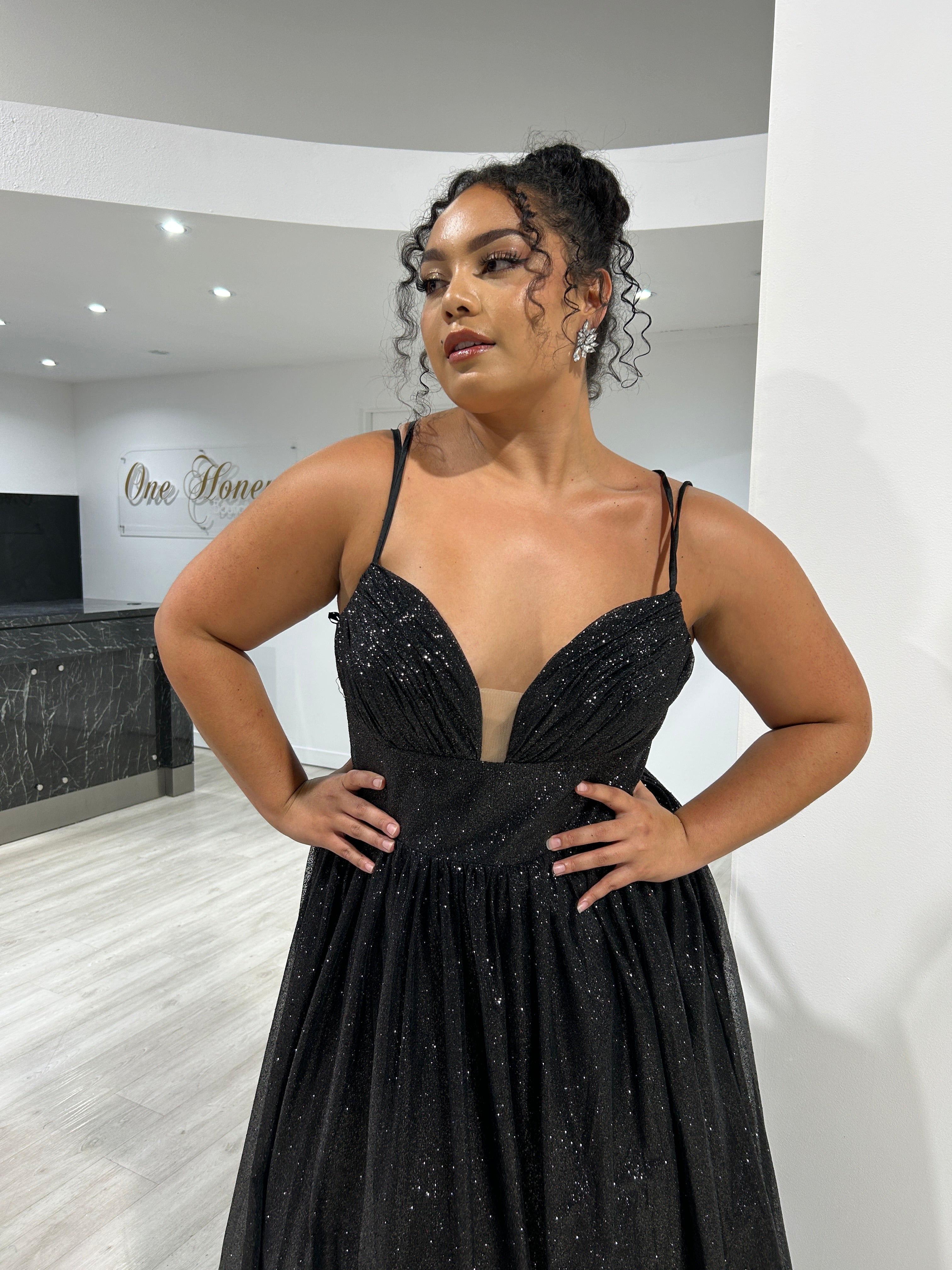 Honey Couture CARMERON Curve Black Glitter Ball Gown Corset Lace Up Formal Dress