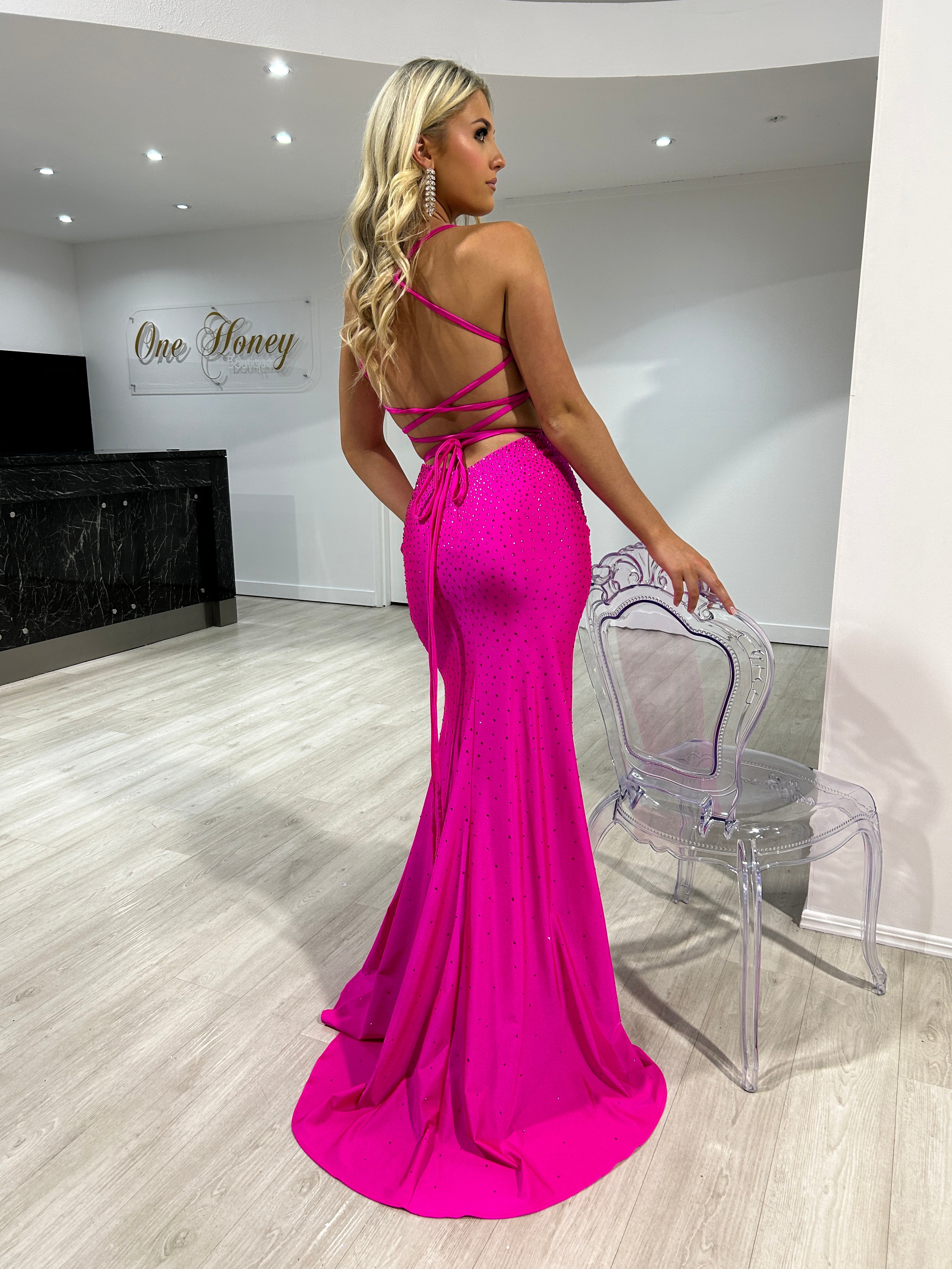 Honey Couture ZAYNE Hot Fix Diamanté Leg Split Mermaid Formal Dress