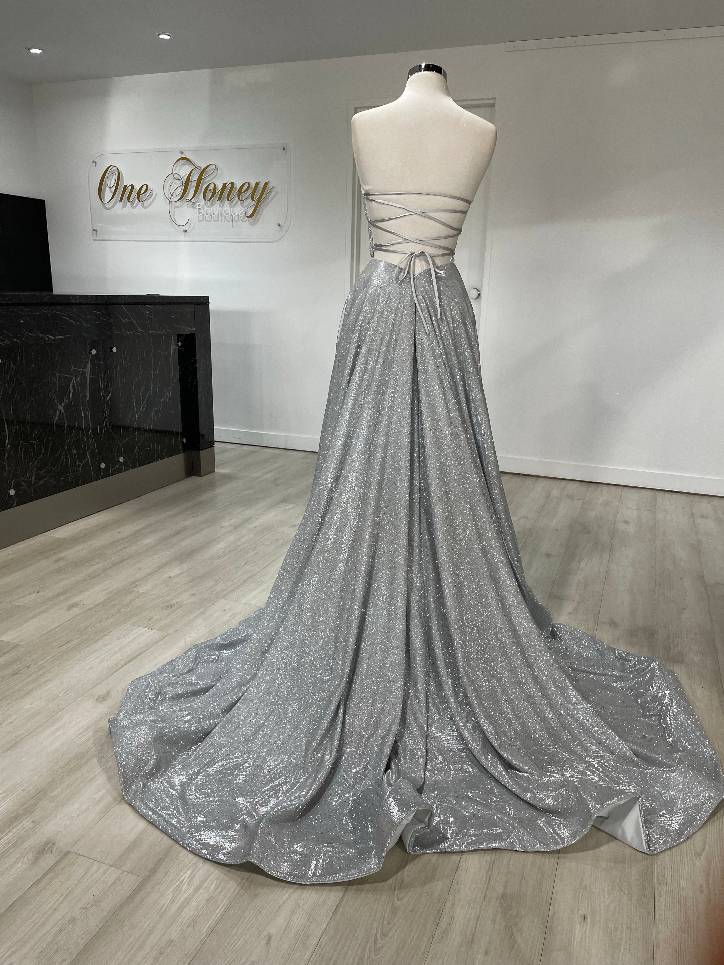 Honey Couture PAM strapless glittery evening gown with corset lace-up back, perfect for pageants and formal events by Australian designer.