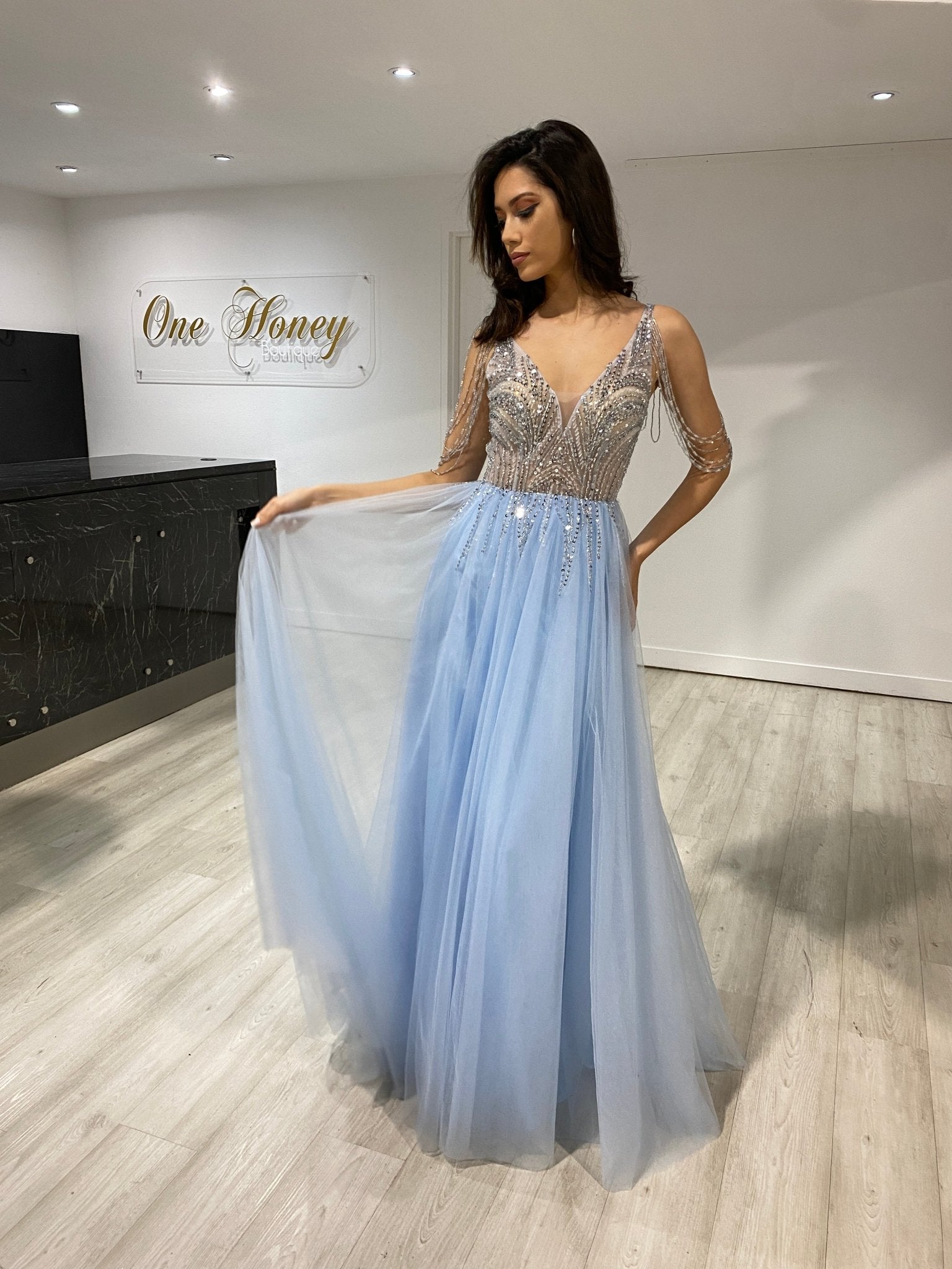 Honey Couture DEBBIE Blue Beaded Tulle Skirt Formal Dress in Australia | One Honey Boutique