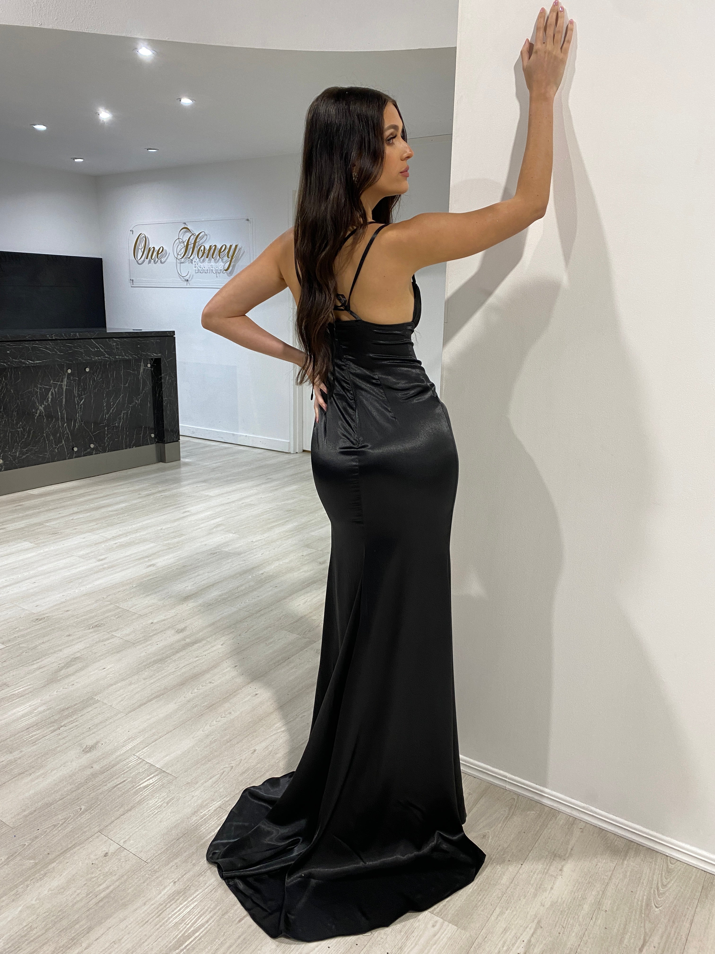 JENNA Silky Tie Back Semi Formal Prom Dress with satin finish and ruched bust, evening gown style. Perfect for events Brisbane to Gold Coast.