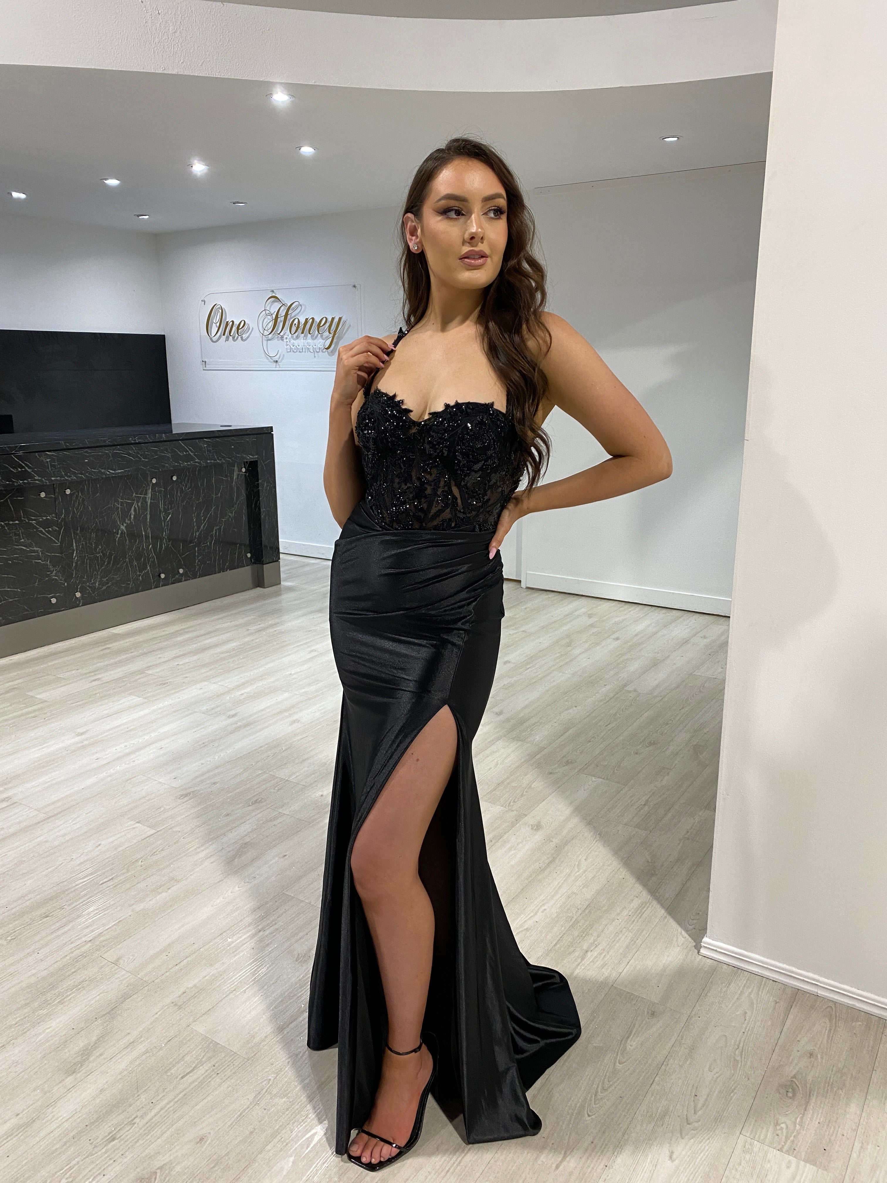SALMA embellished bustier corset satin mermaid formal dress with lace bodice and satin slit, evening gown. Brisbane to Gold Coast.