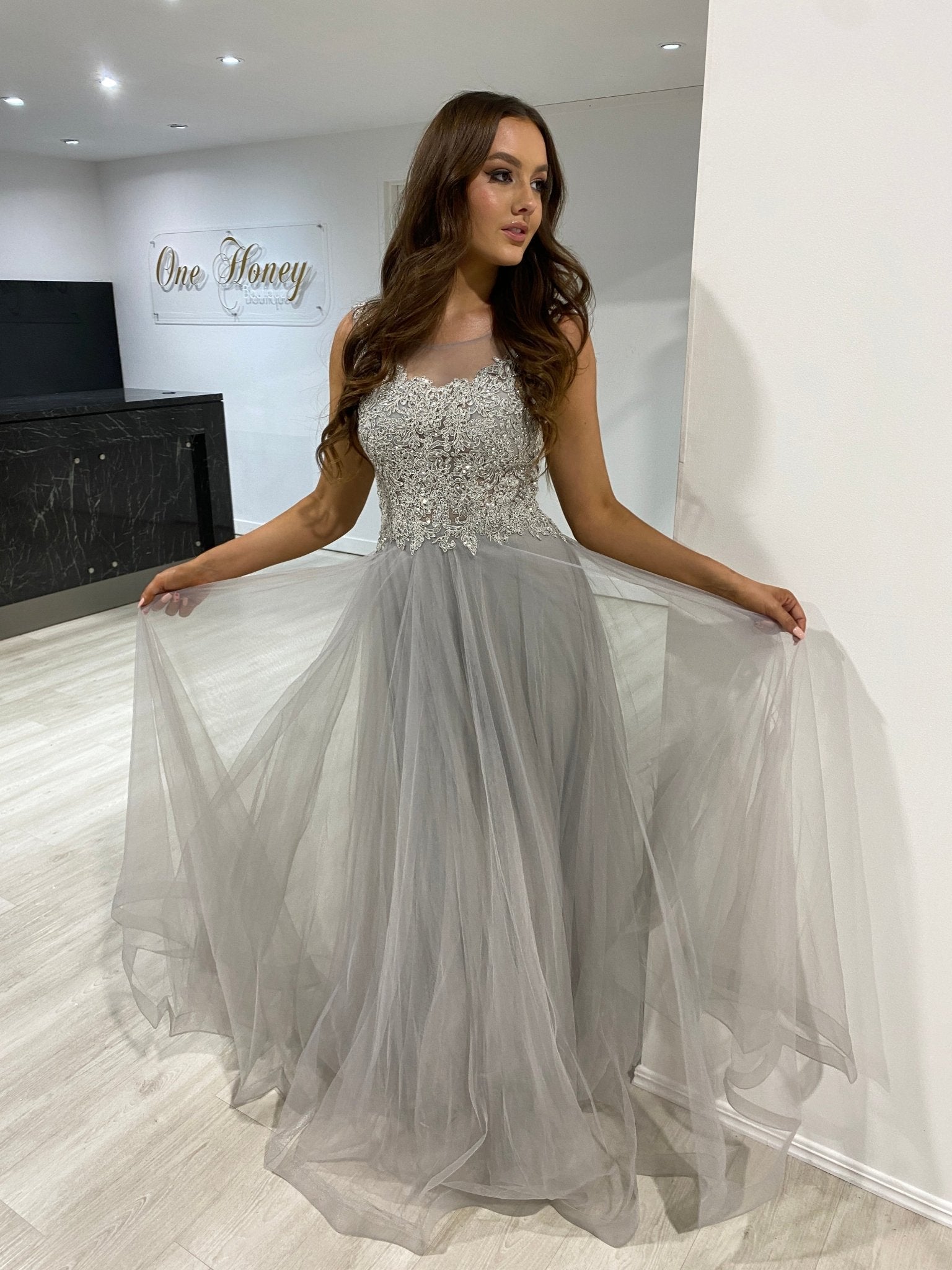 Honey Couture MADDIE Silver Tulle Lace Bodice Formal Dress in Australia | One Honey Boutique