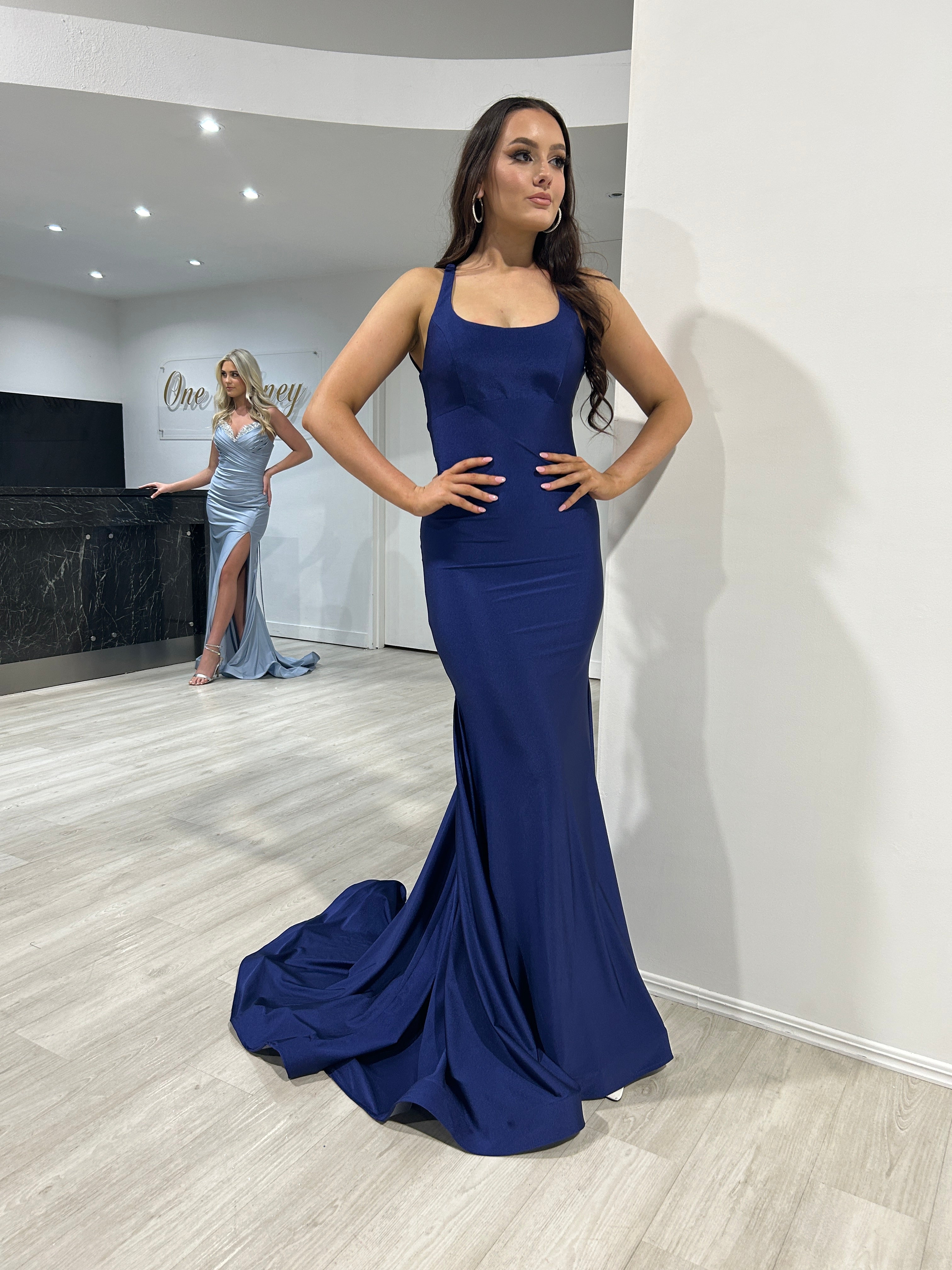 JAYLA Lace Up Back Mermaid Formal Gown with scoop neckline and lace-up back, perfect evening gown for Brisbane to Gold Coast.
