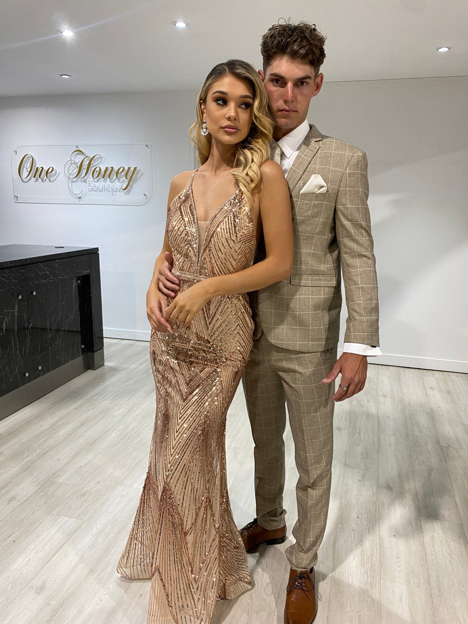 Honey Couture FAYE Gold Sequin Diamante Dress in Australia | One Honey Boutique