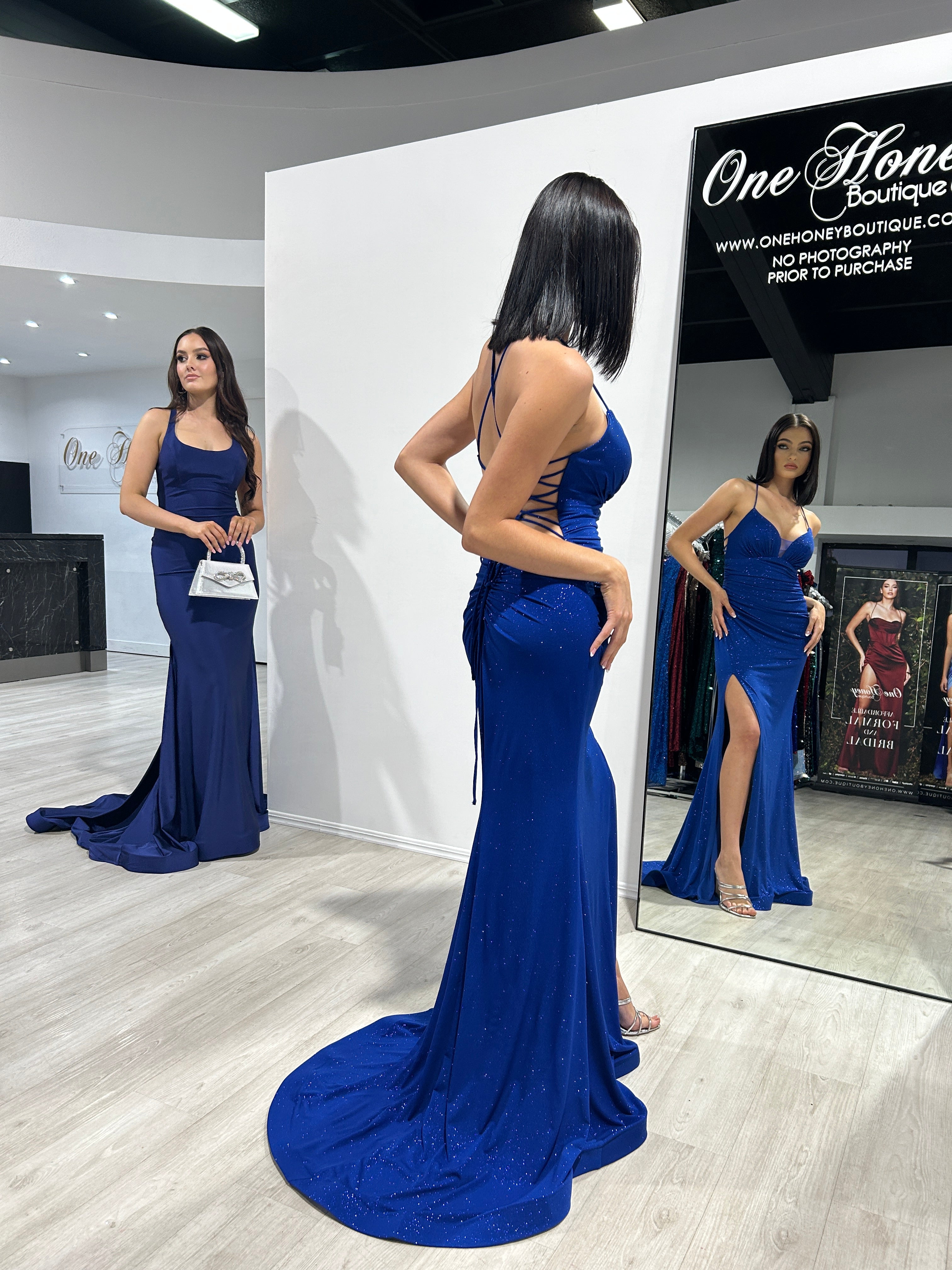 JAYLA Lace Up Back Mermaid Formal Gown with scoop neckline and structured corset viewed in a boutique mirror, Brisbane to Gold Coast.