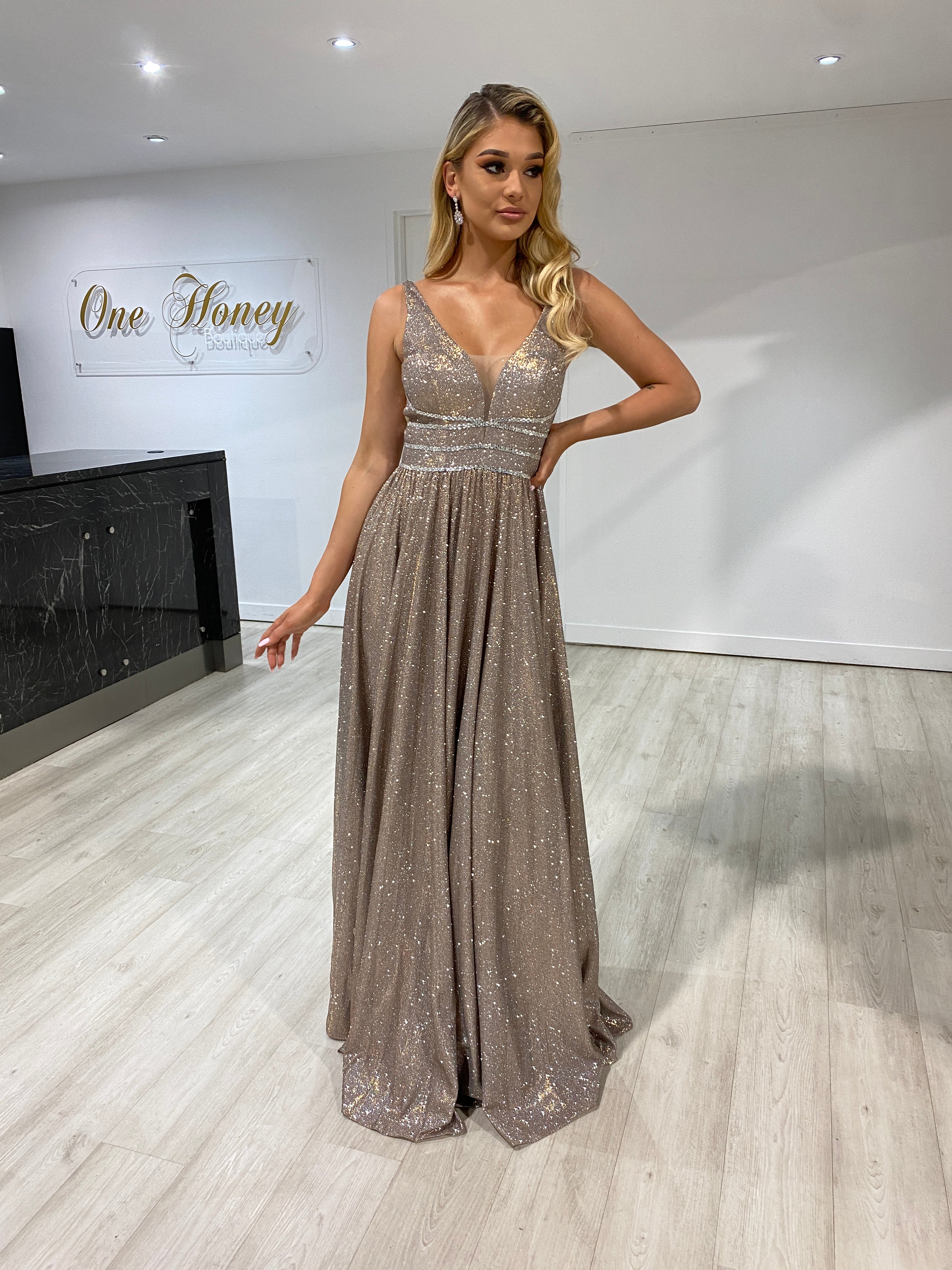 Honey Couture ANYA copper shimmer A-line formal gown, perfect for prom or special occasions, Australian designer, affordable evening dress.