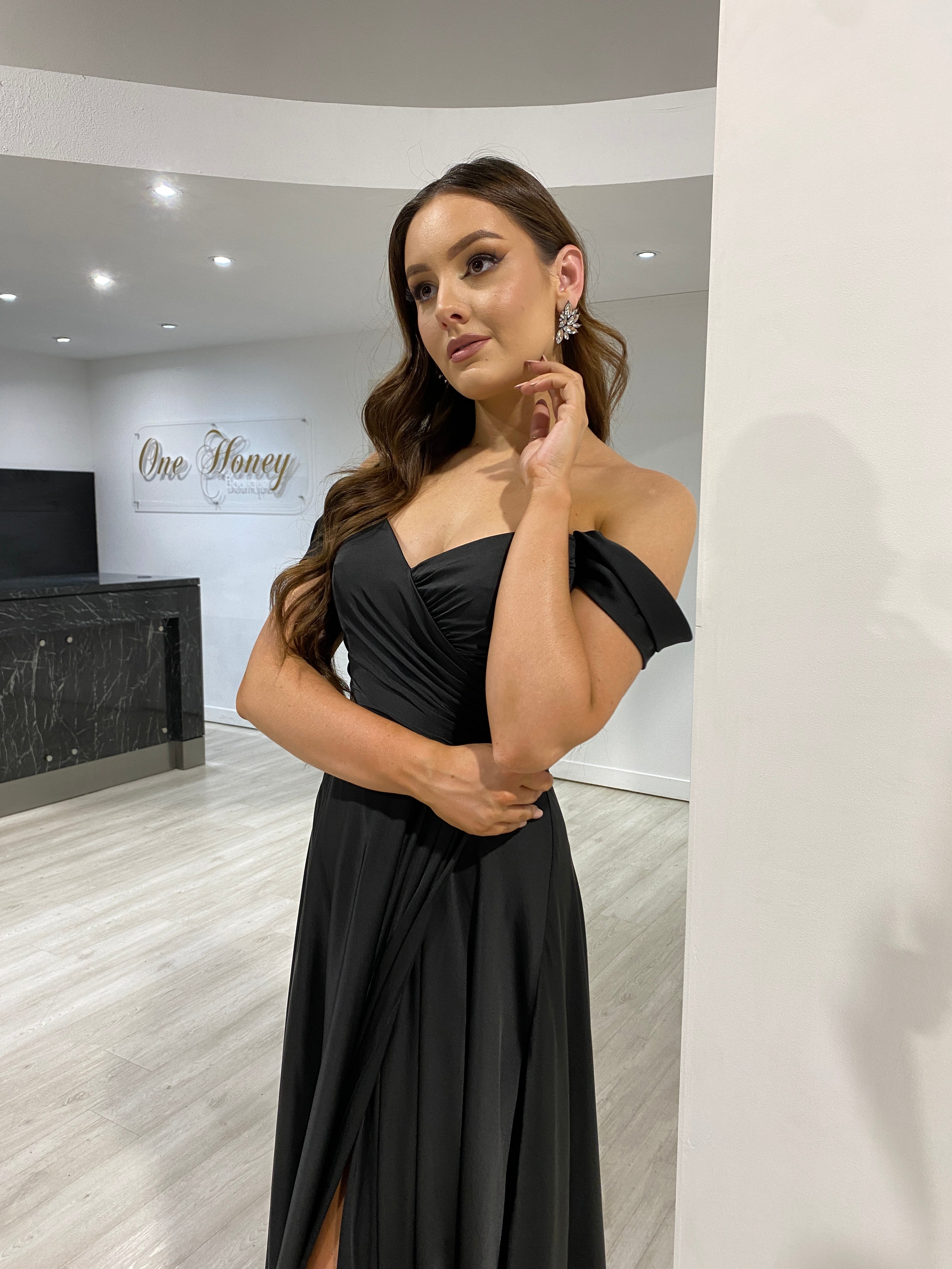 AURA Off the Shoulder Silky A-Line Bridesmaid Formal Dress featuring a romantic off-the-shoulder silhouette. Perfect for weddings. Brisbane to Gold Coast.
