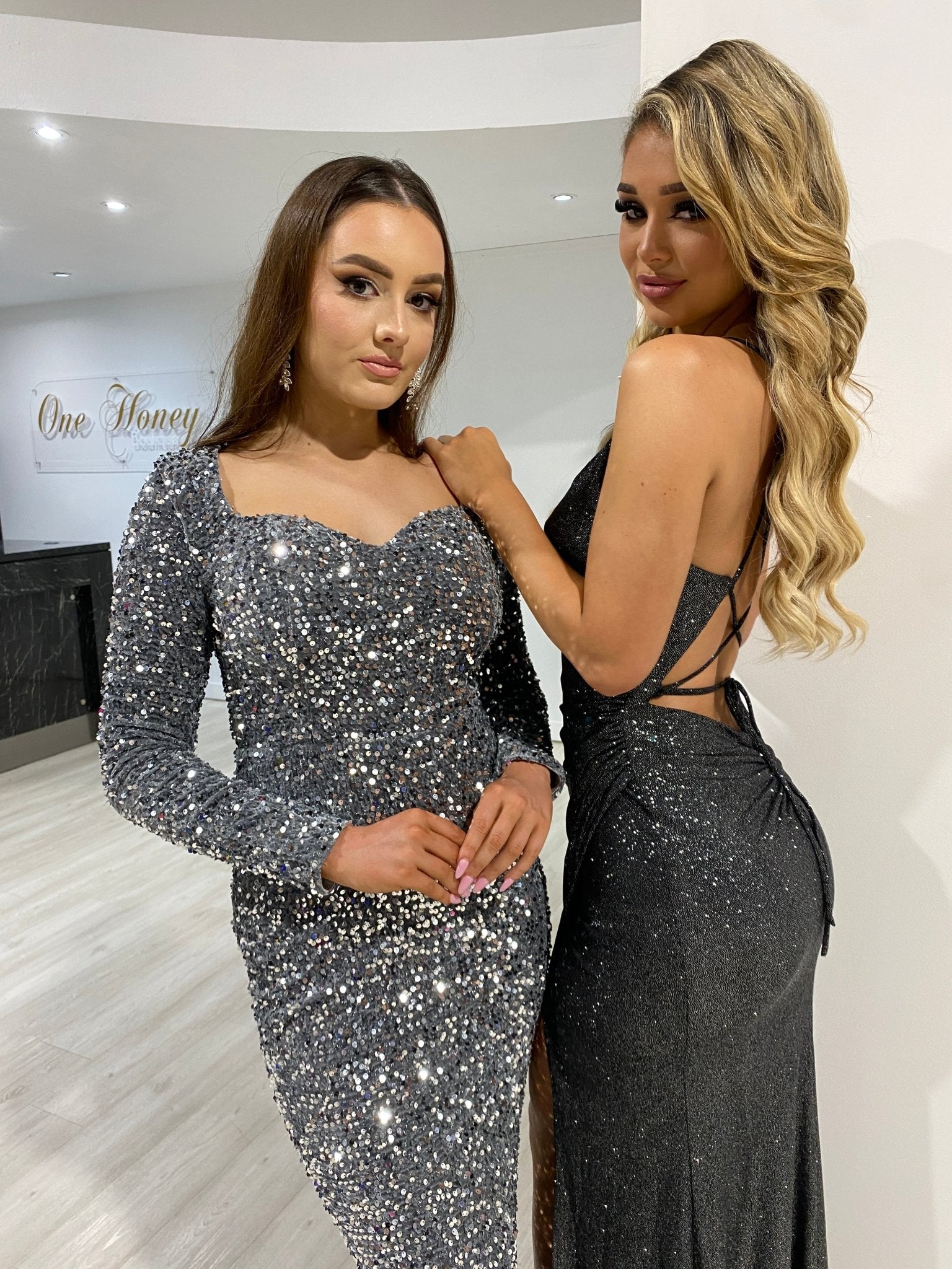 Honey Couture ALISON Grey Silver Sequin Long Sleeve Formal Dress in Australia | One Honey Boutique