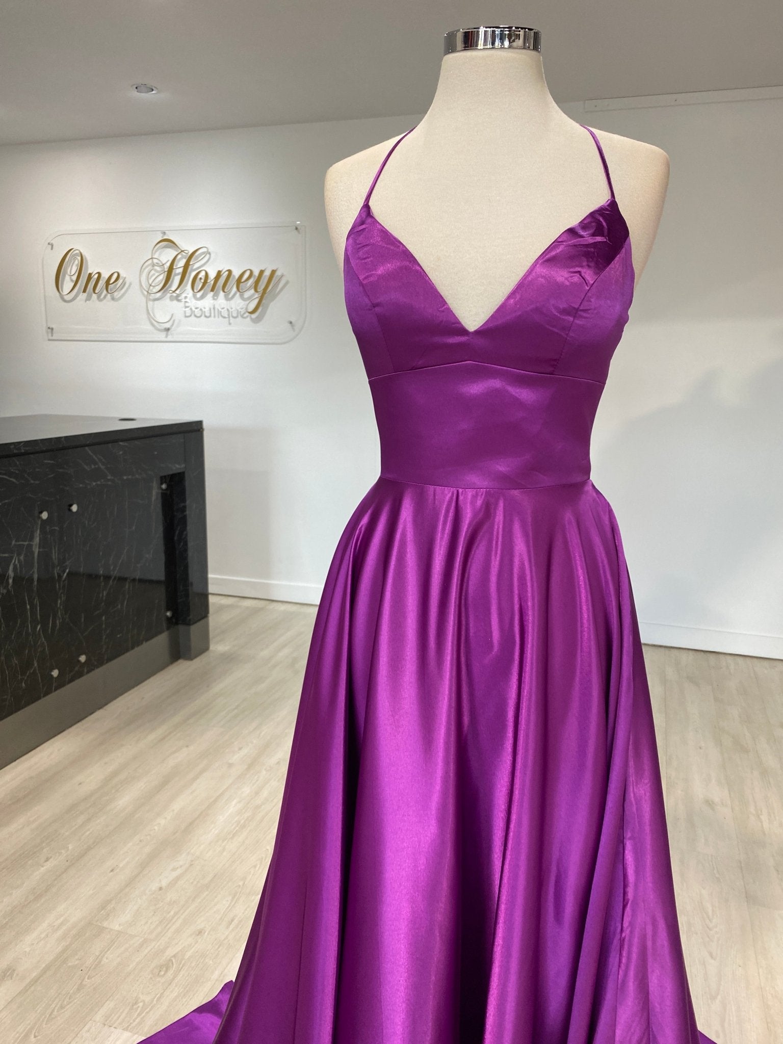 Honey Couture LUCINDA Lace Up Back Satin A Line Formal Dress in Australia | One Honey Boutique