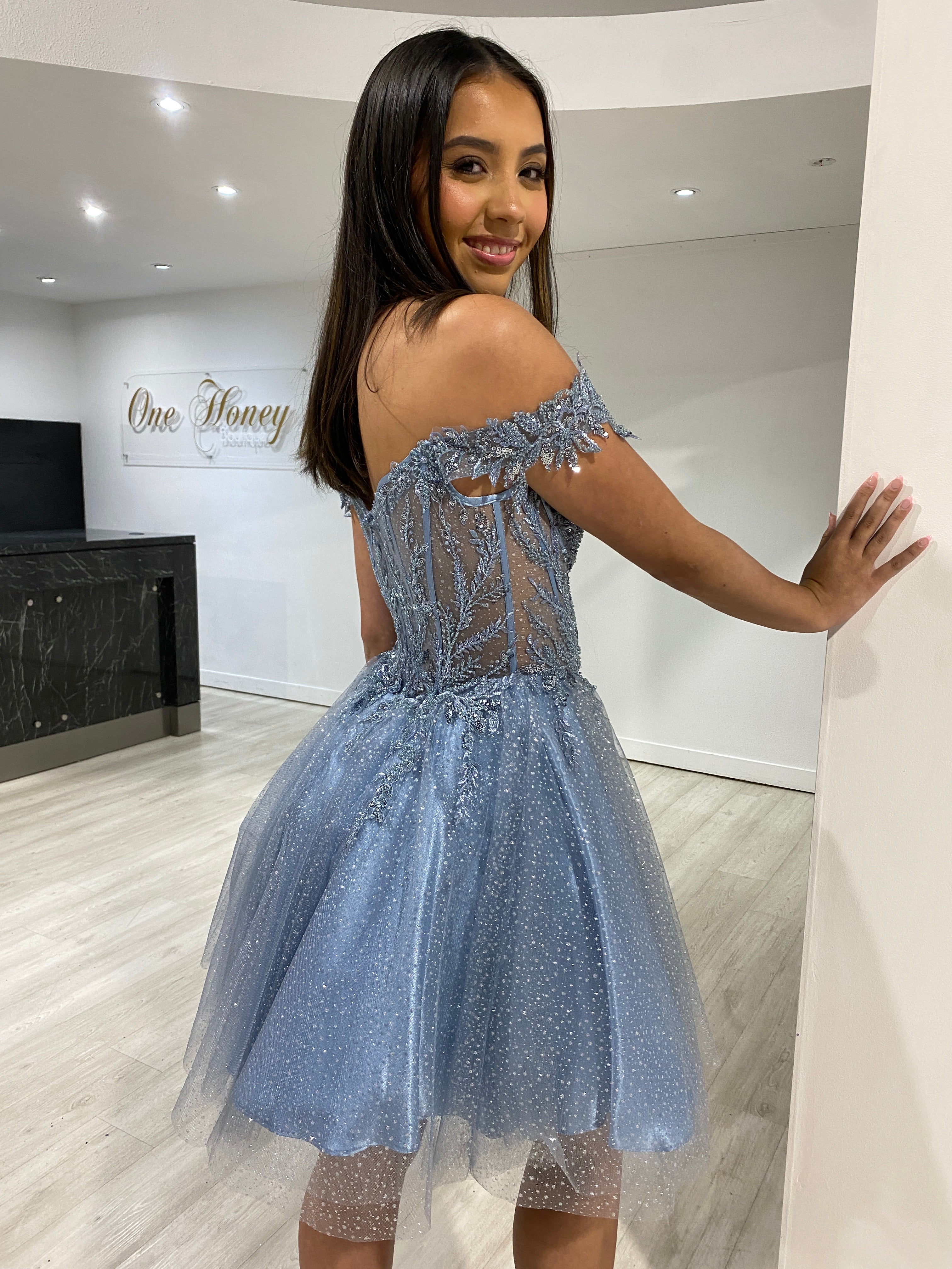 Honey Couture NICOLETTE Smokey Blue Off the Shoulder Beaded Tulle Frilly Party Dress
