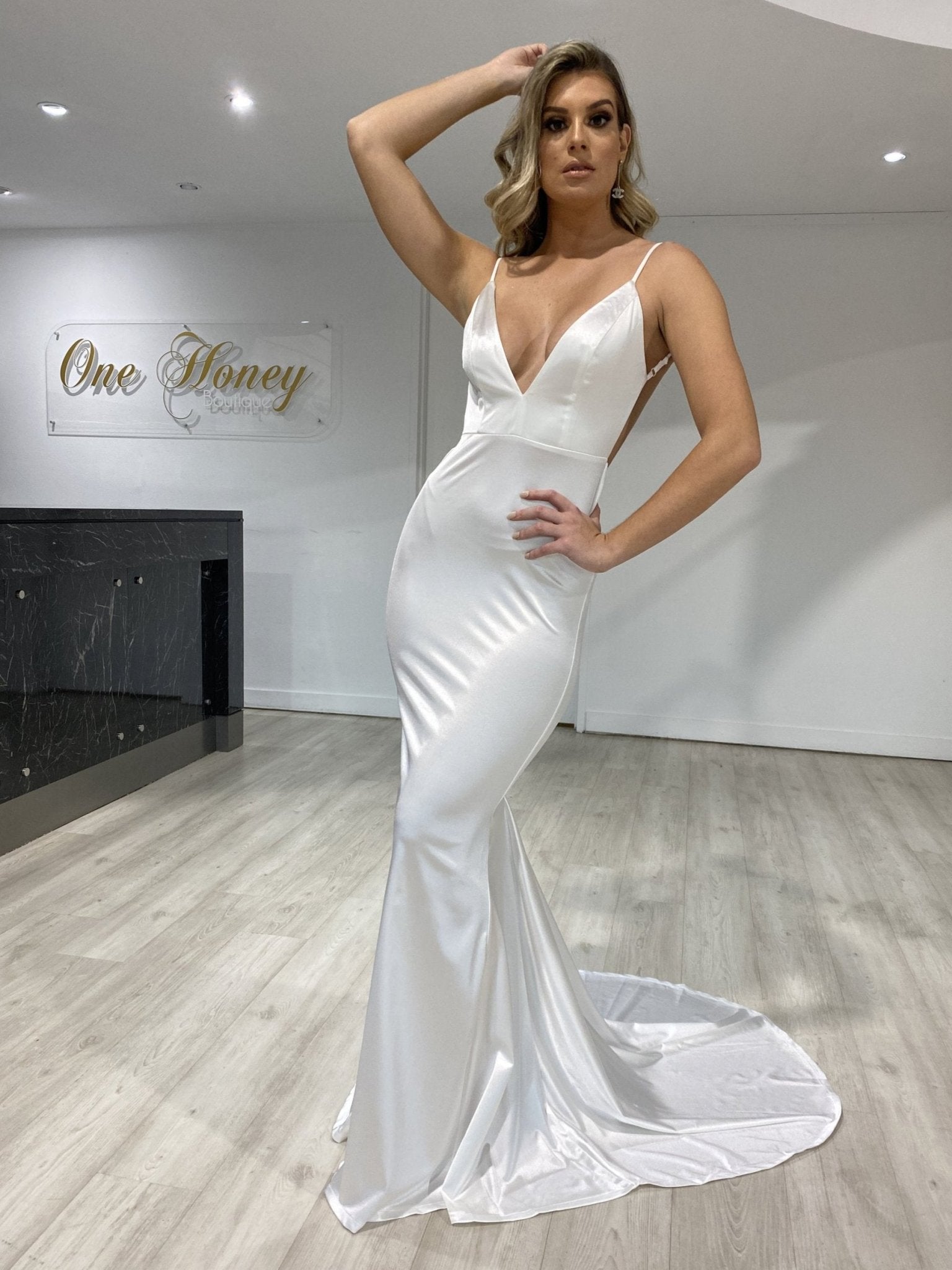 Honey Couture MILEE White Low Back Mermaid Evening Gown Dress w No Leg Split in Australia | One Honey Boutique