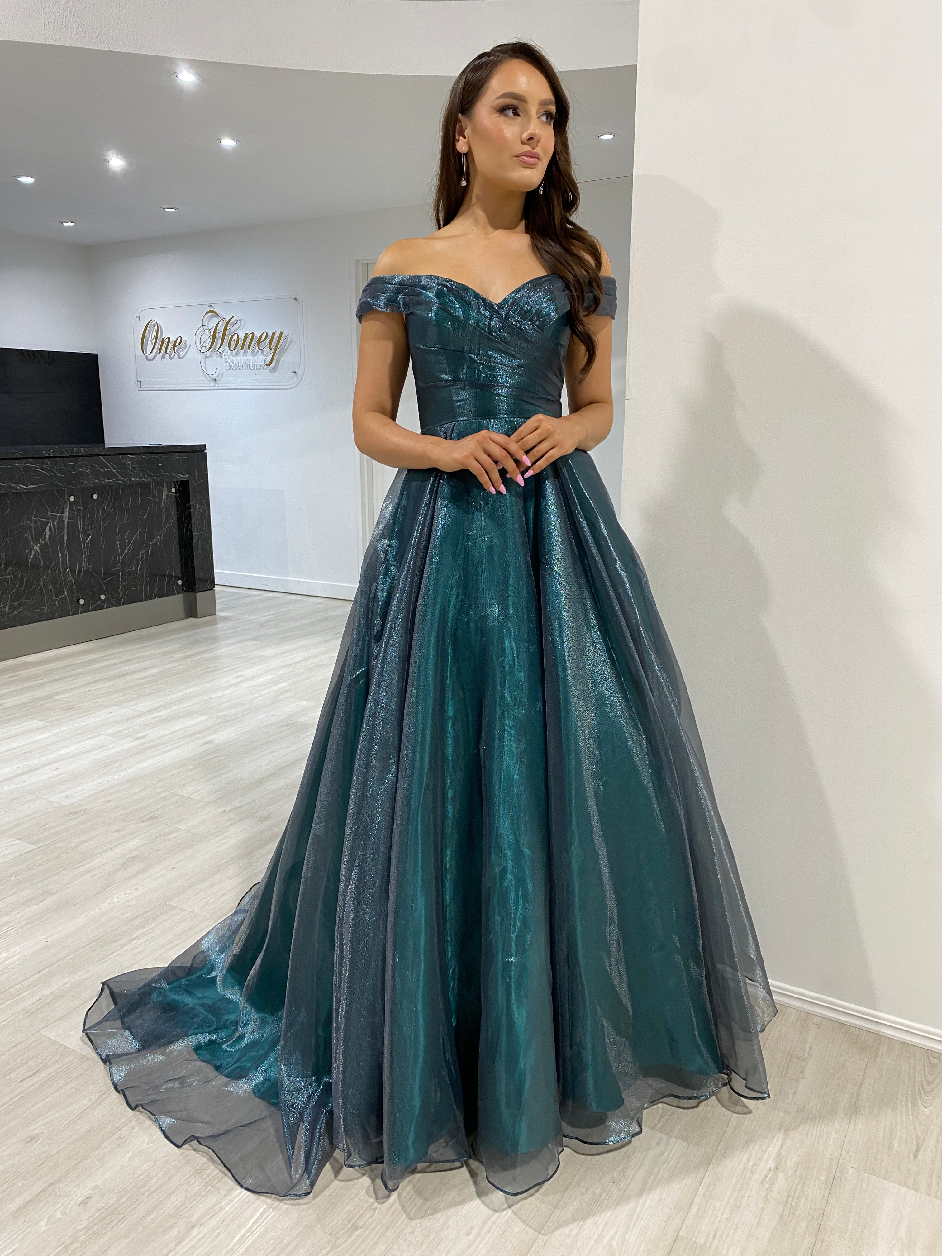 SARIA Off Shoulder Shimmer Ballgown with sweetheart neckline and pleated bodice, prom gown. Brisbane to Gold Coast.