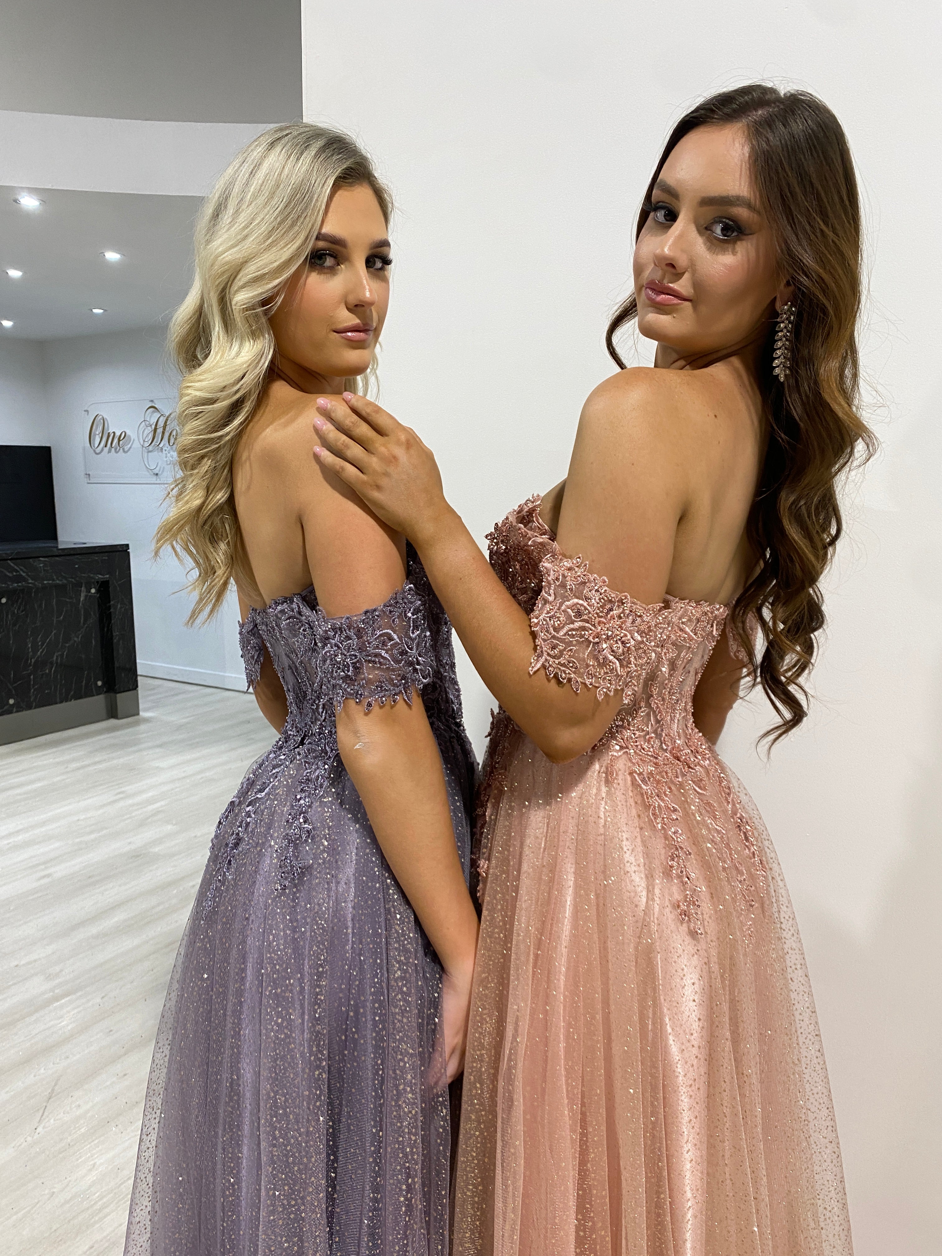 PHOEBE Bustier Lace Applique Tulle Formal Dress in lavender and blush, off-shoulder with intricate details. Prom gown, Brisbane to Gold Coast.