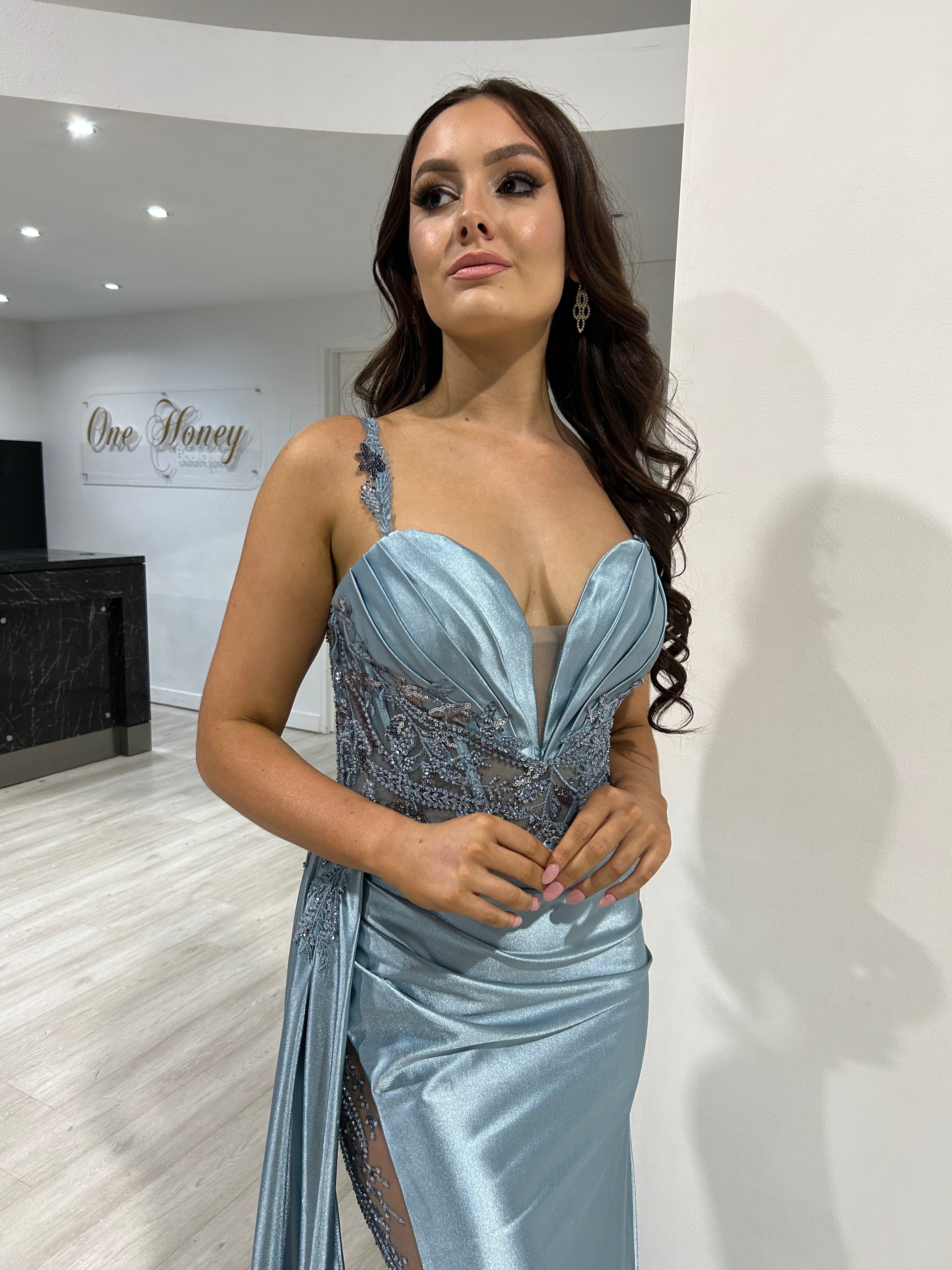 ANTONIA Embellished Corset Satin Mermaid Formal Dress with lace waistline and beaded slit, evening gown, Brisbane to Gold Coast.
