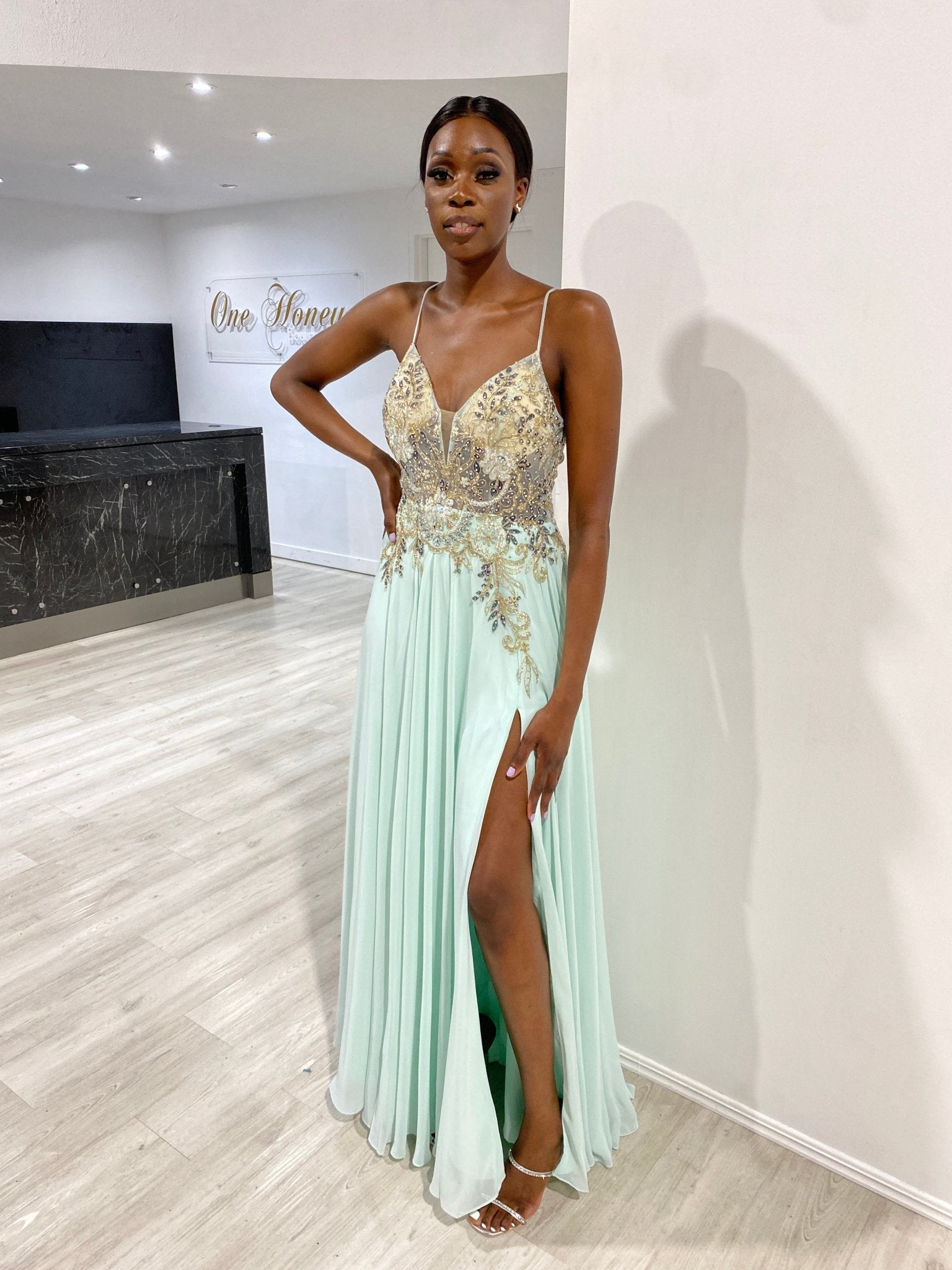 Honey Couture ASPEN Mint Green Lace Beaded Applique Chiffon Formal Dress in Australia | One Honey Boutique