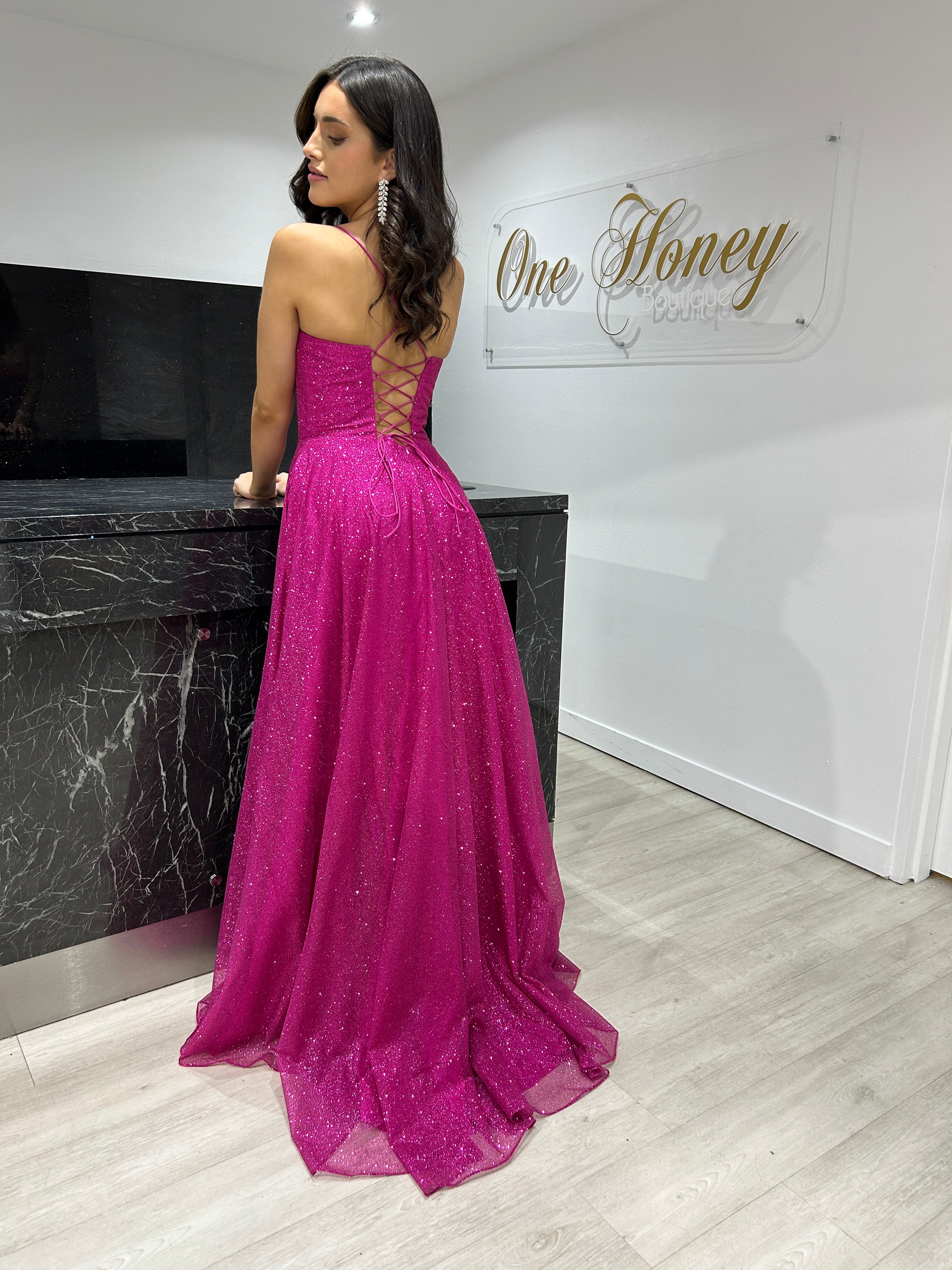 Honey Couture DREYA Fuchsia Hot Pink Glitter Ball Gown Formal Dress