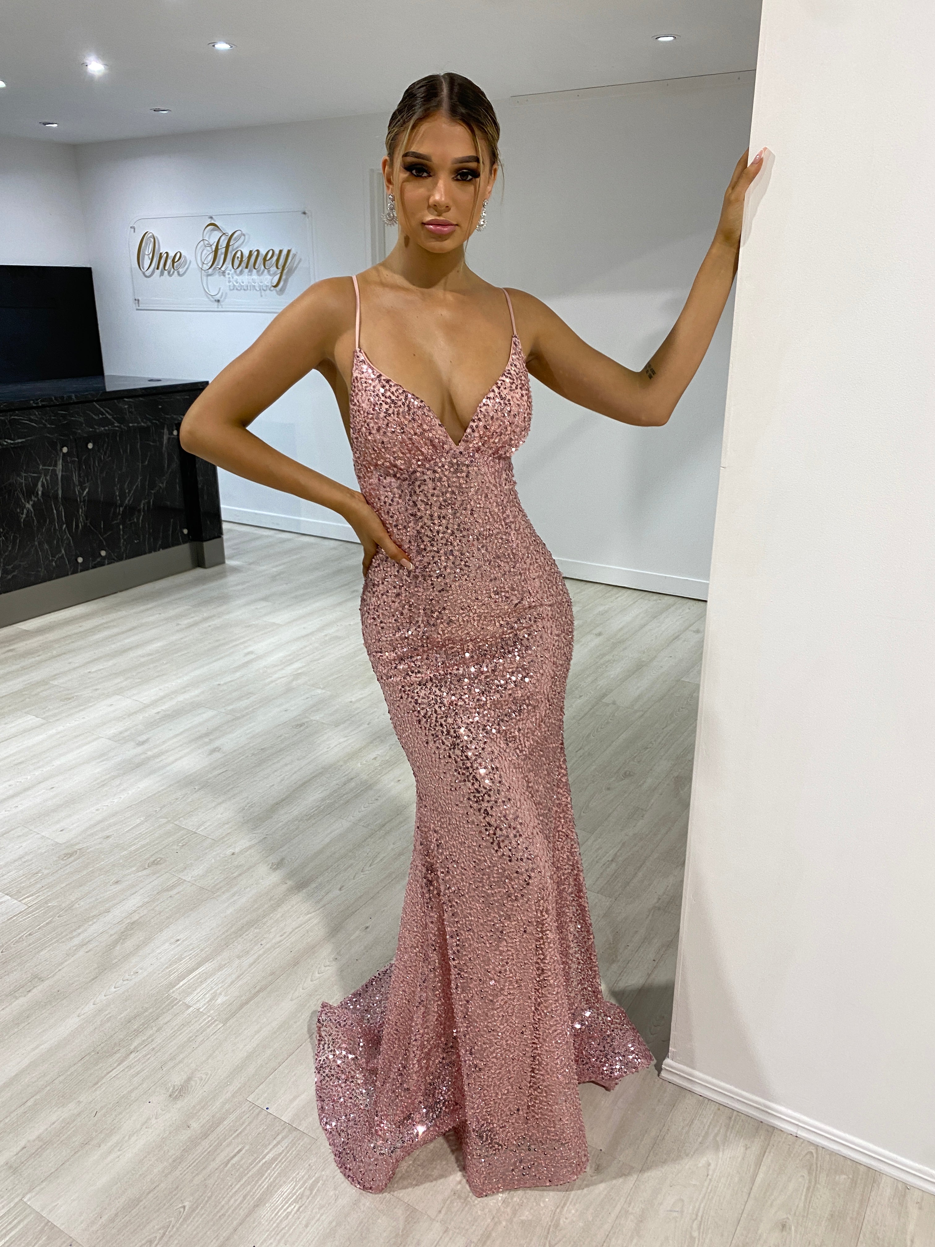 DEVINA sequin low back corset dress with deep V neckline, perfect for formal events. Brisbane to Gold Coast, Australia.