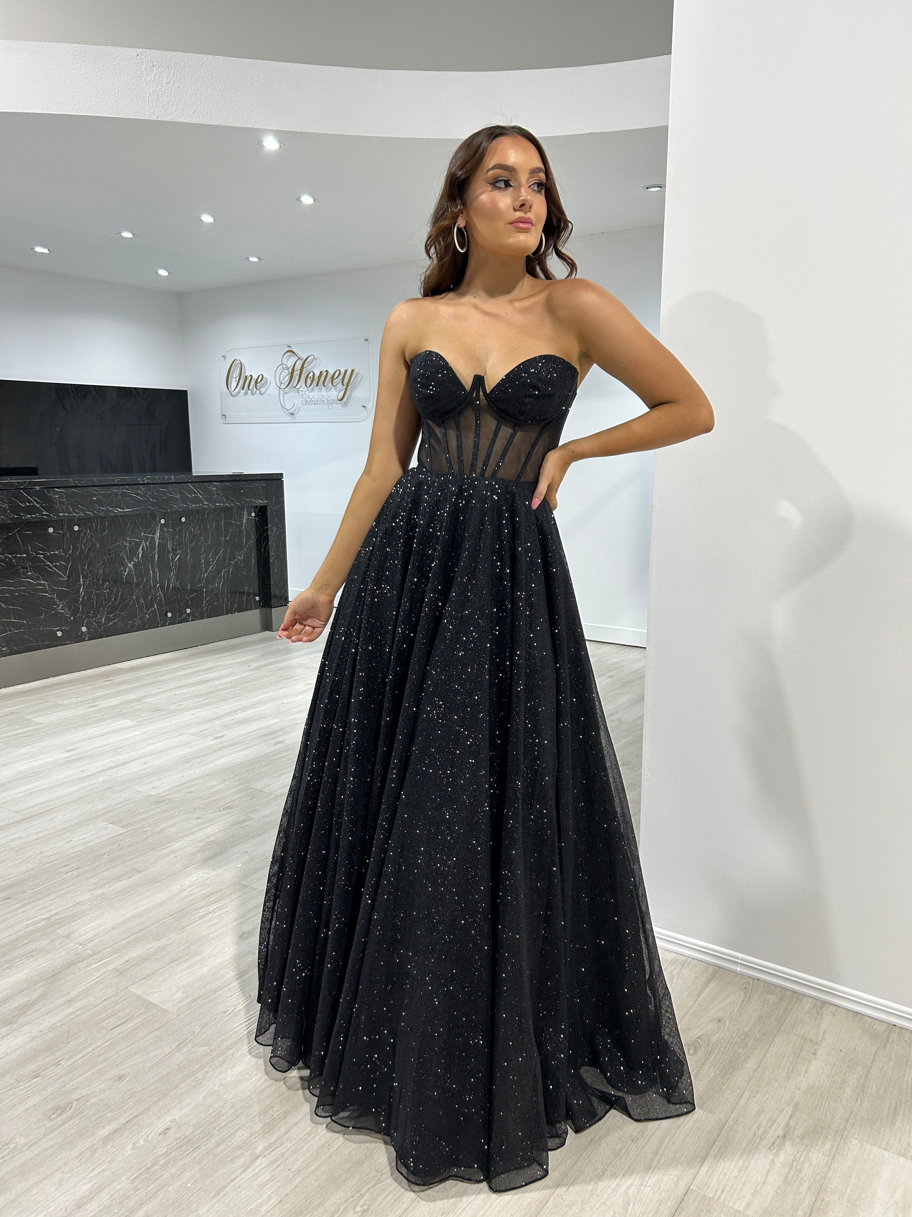 ALOMA Glitter Corset Strapless Formal Dress featuring a sheer boned bodice. Ideal for any formal event. Brisbane to Gold Coast.
