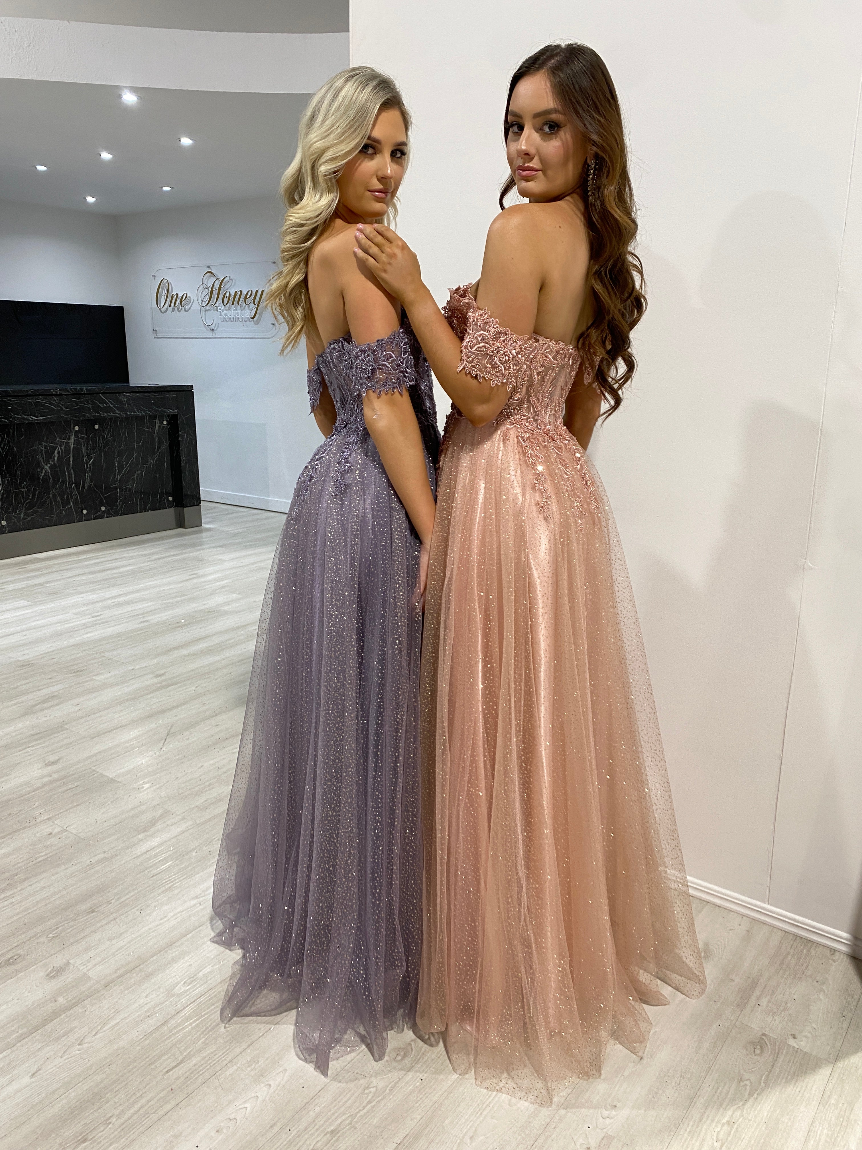 Honey Couture PHOEBE Blush Off the Shoulder Bustier Lace Applique Tulle Formal Dress