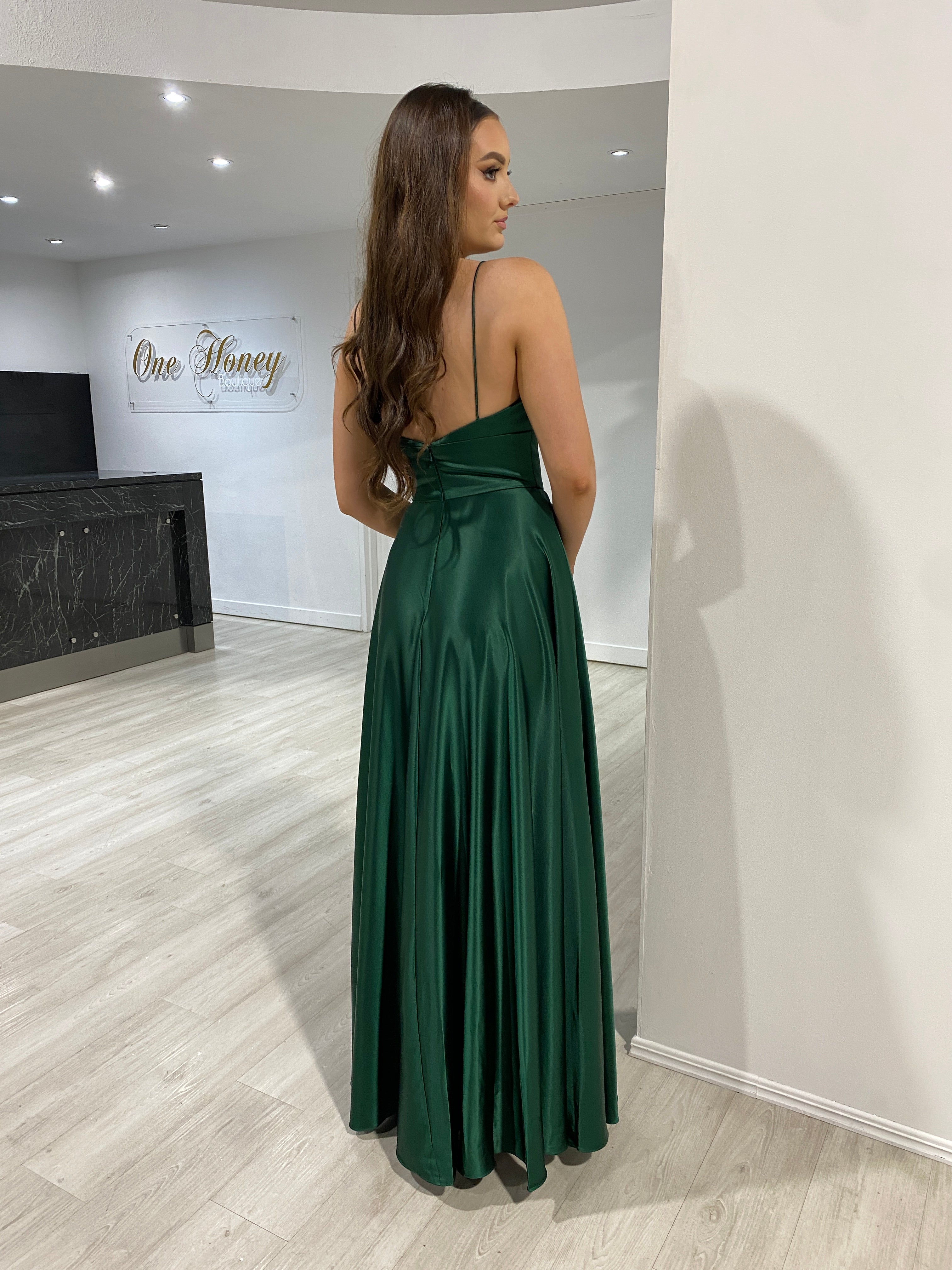 KAY Silky A Line Bridesmaid Dress in emerald satin with thin straps and leg slit, ideal for semi-formal occasions, Brisbane to Gold Coast.