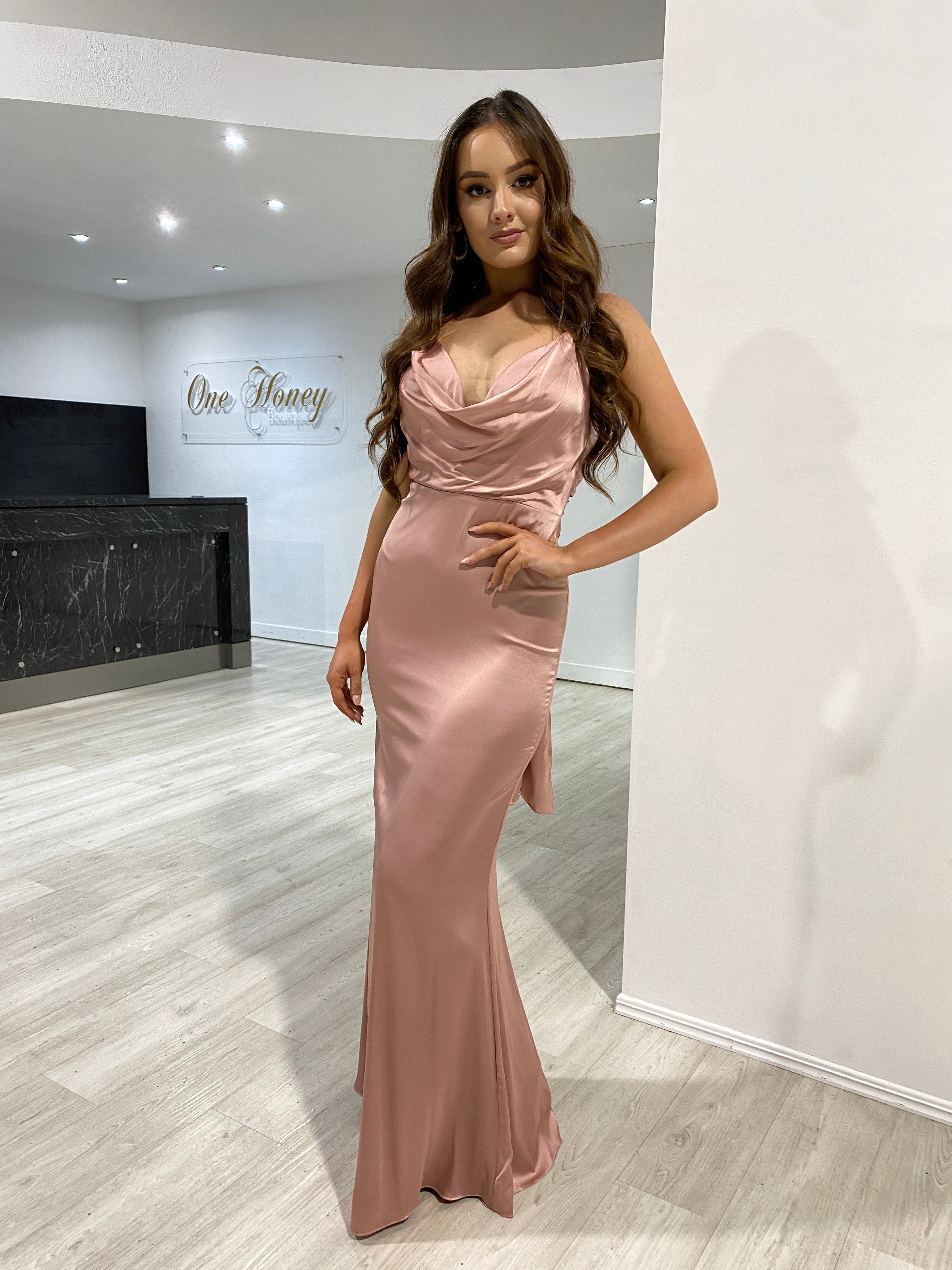 TALEAH Cowl Neck Slit Pink Semi Formal Dress on model, perfect for events. Brisbane to Gold Coast Australia