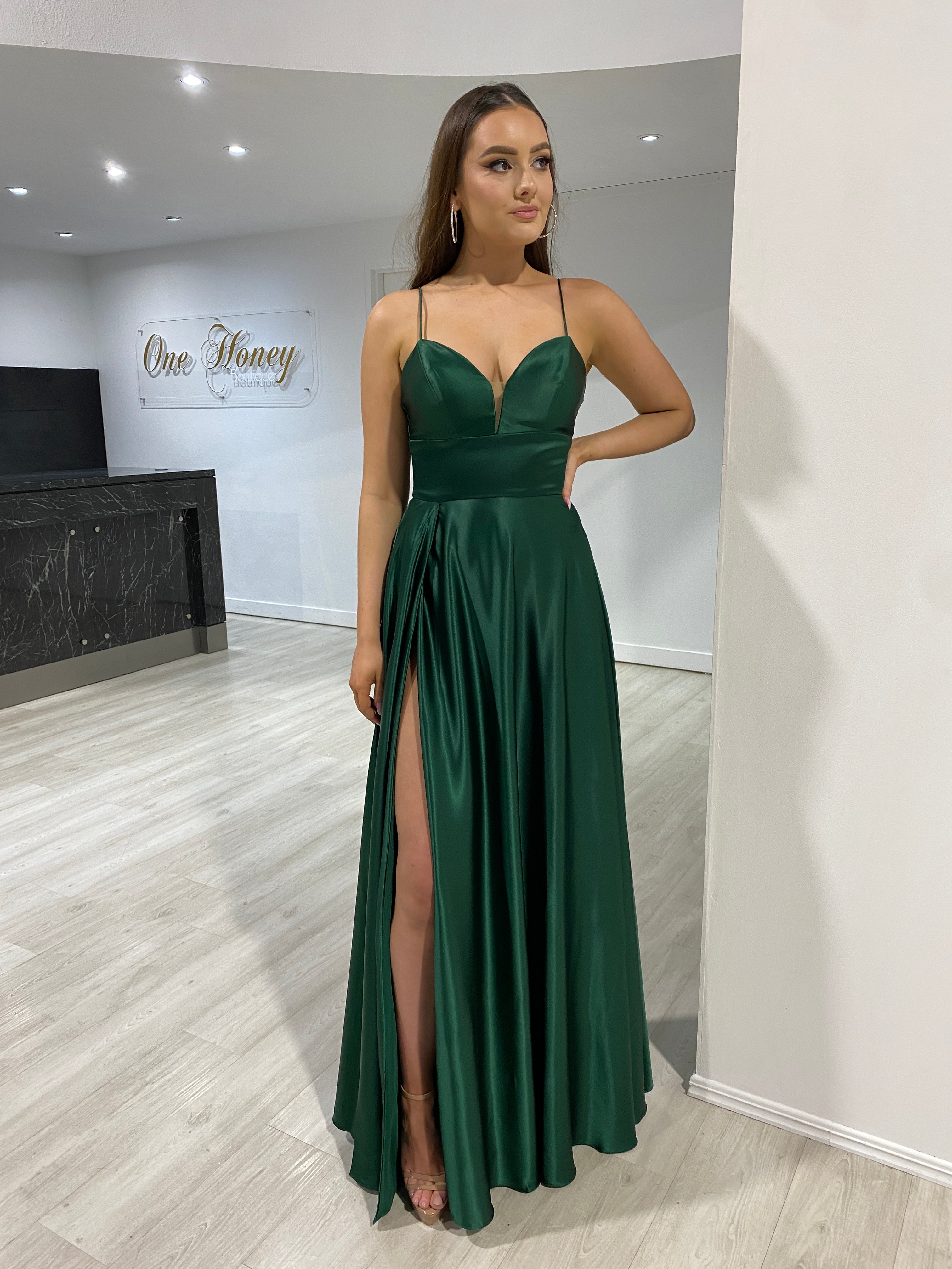 Honey Couture KAY Emerald Green Silky A Line Formal Dress
