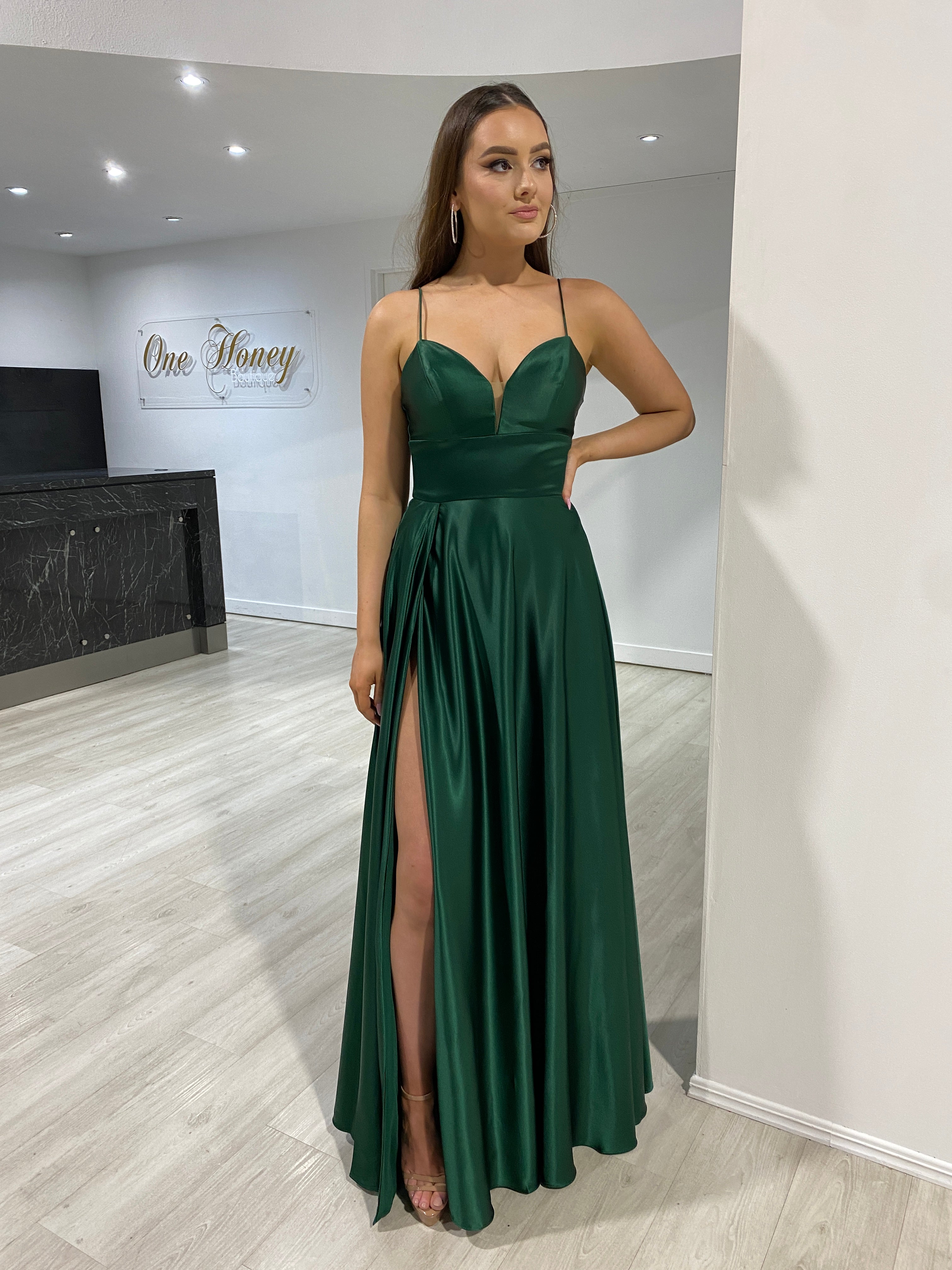 KAY silky A-line dress with sweetheart neckline and leg slit, perfect semi-formal bridesmaid gown. Brisbane to Gold Coast.