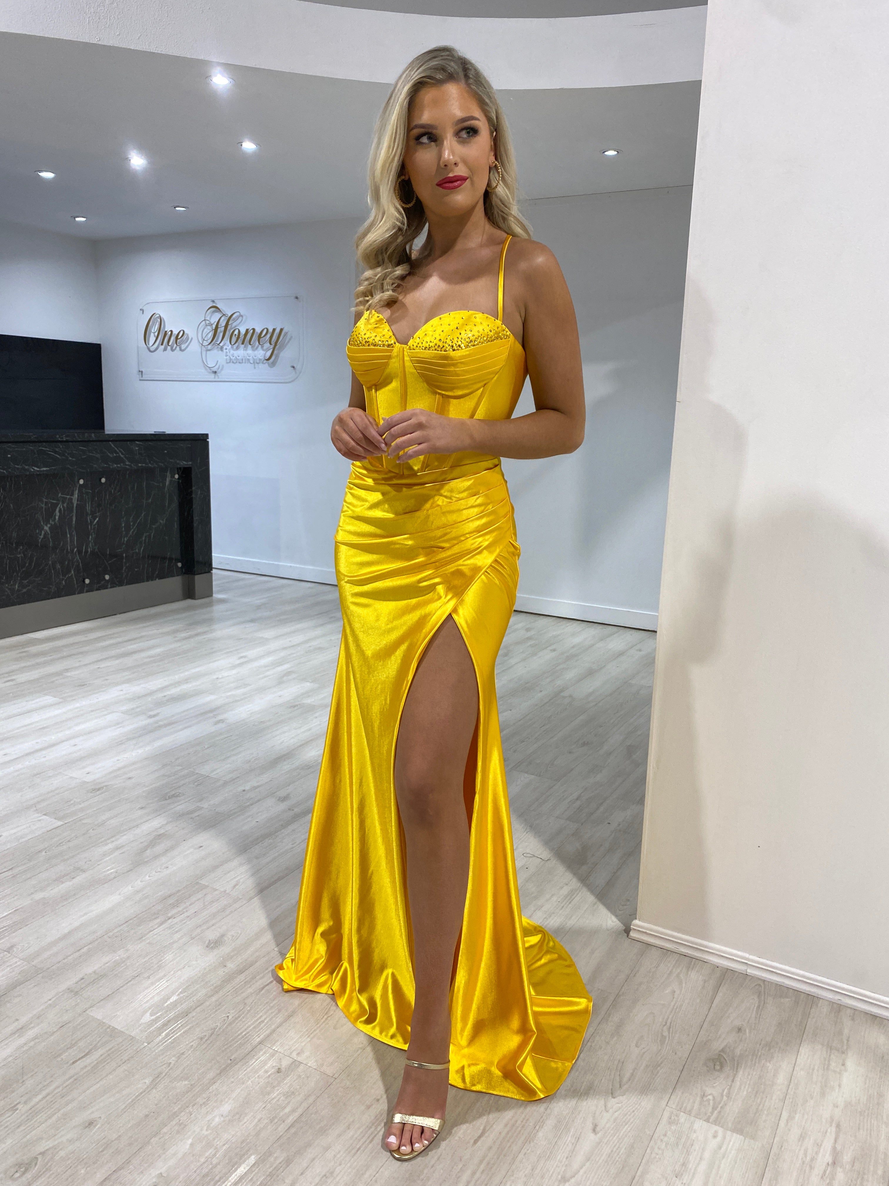 Honey Couture RAFAELLA Yellow Crystal Diamante Bustier Corset Lace Up Back Silky Mermaid Formal Dress