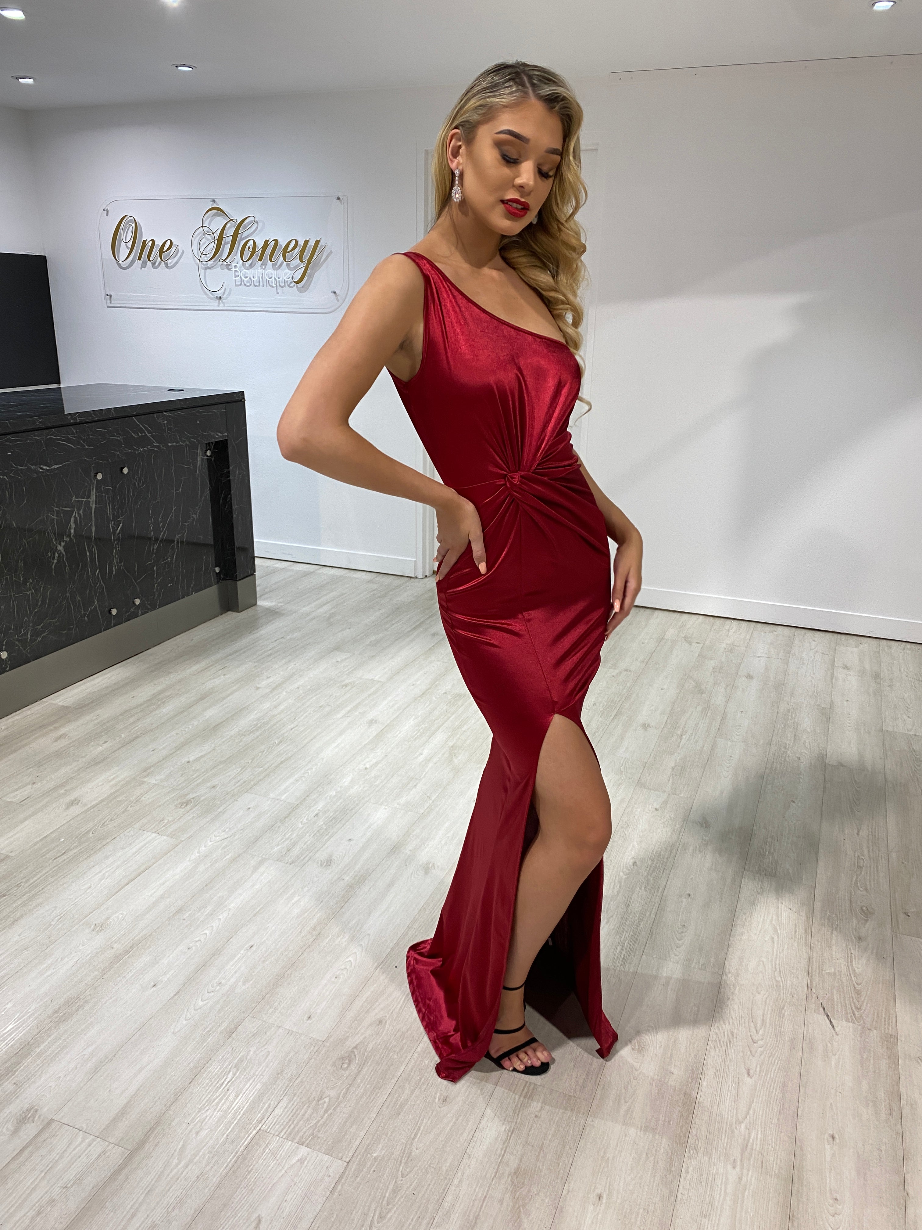 NEVIAH Burgundy Silky One Shoulder Dress by Honey Couture, featuring a leg split. Perfect for prom or evening event. Australian designer. Affordable elegance.