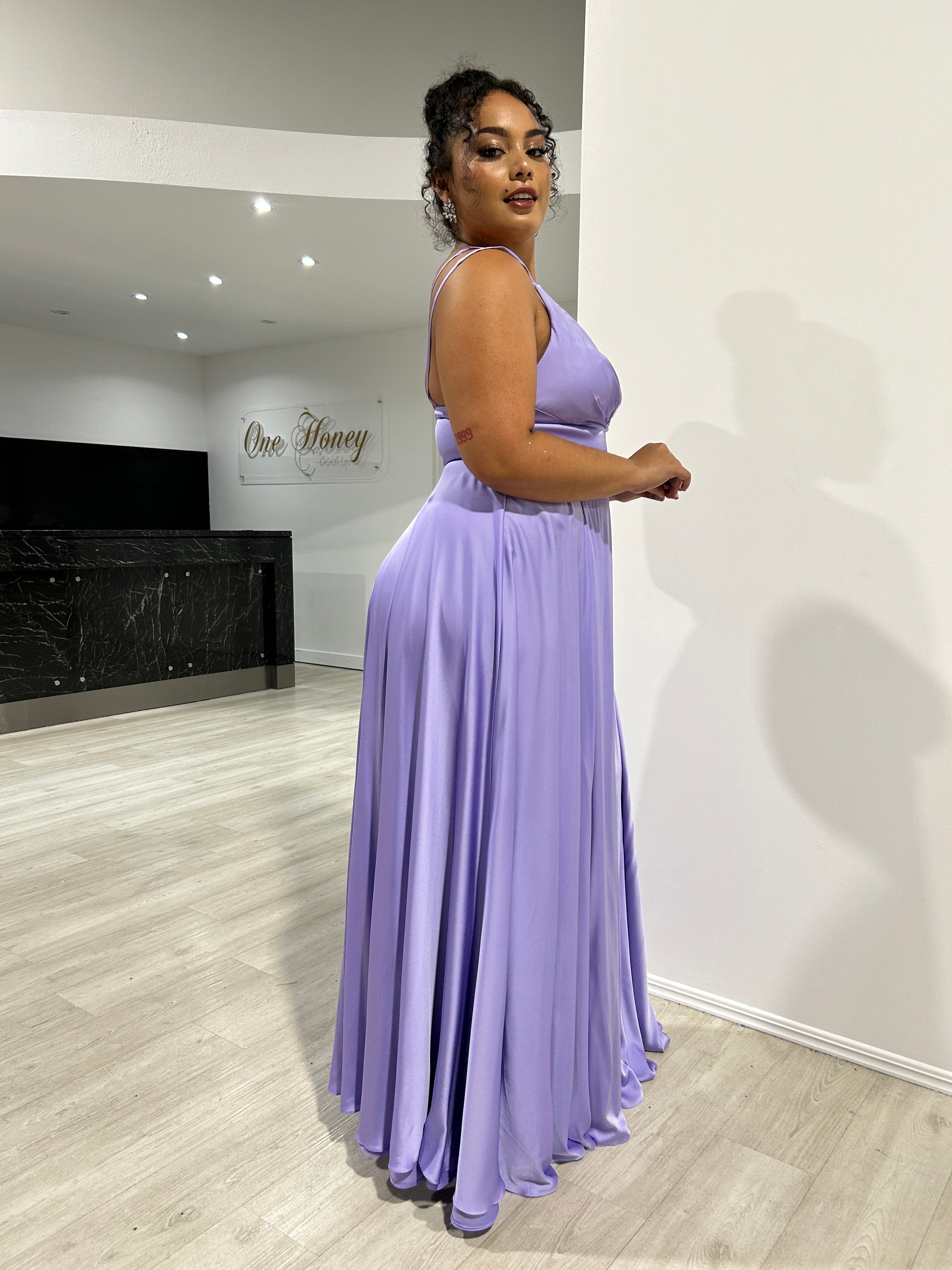 Honey Couture ROSALIA lavender formal dress, silky A-line design with double straps, by Australian Designer. Perfect for prom or evening.
