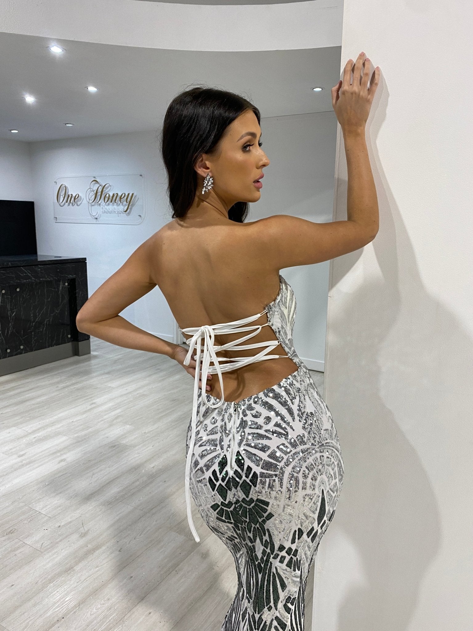 Honey Couture CIENNA White Silver & Black Lace Up Mermaid Formal Dress in Australia | One Honey Boutique