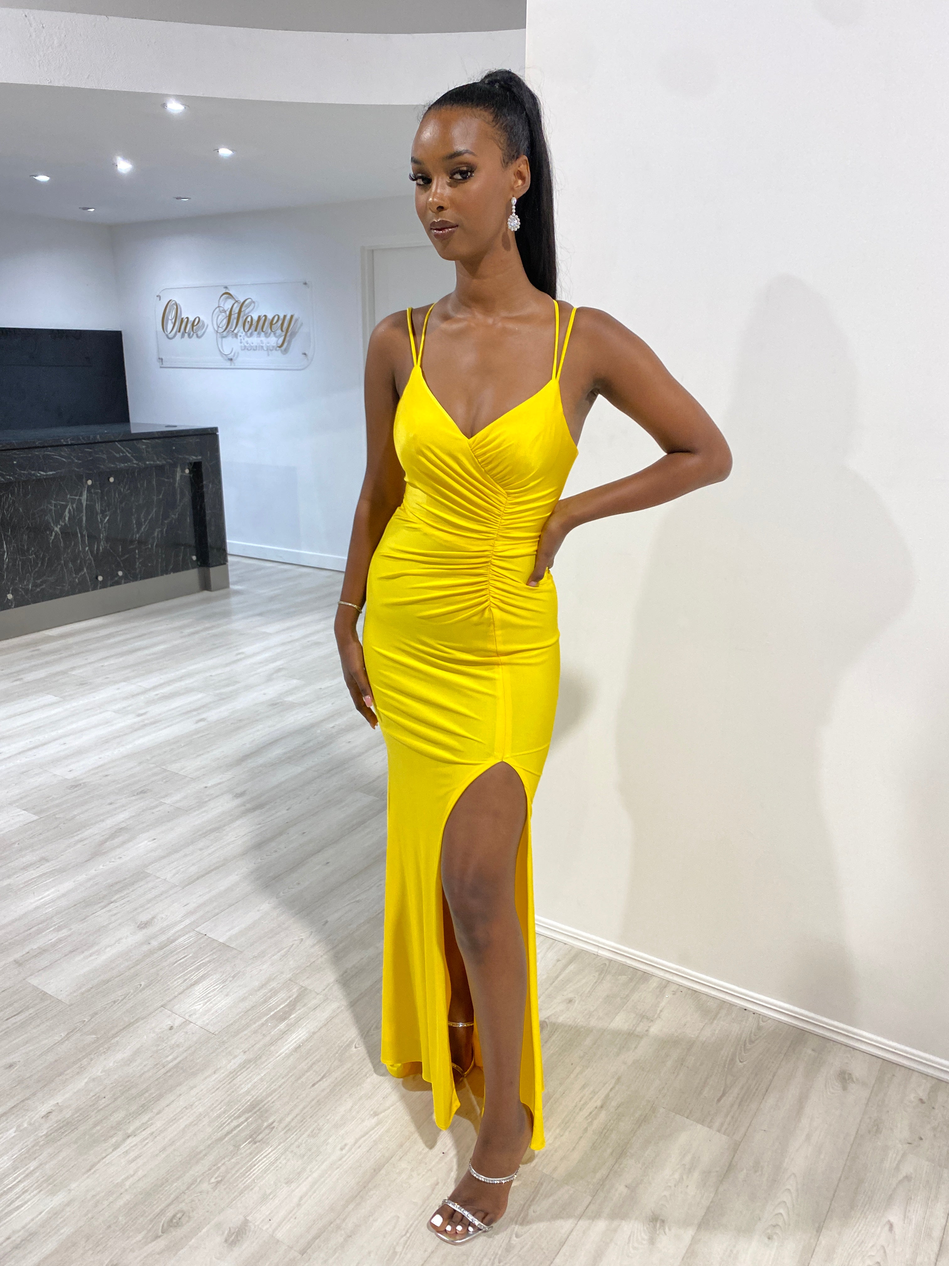 Elegant woman in Honey Couture SOLANGE Neon Yellow Corset Ruched Formal Gown, Australian Designer Evening Prom Dress.