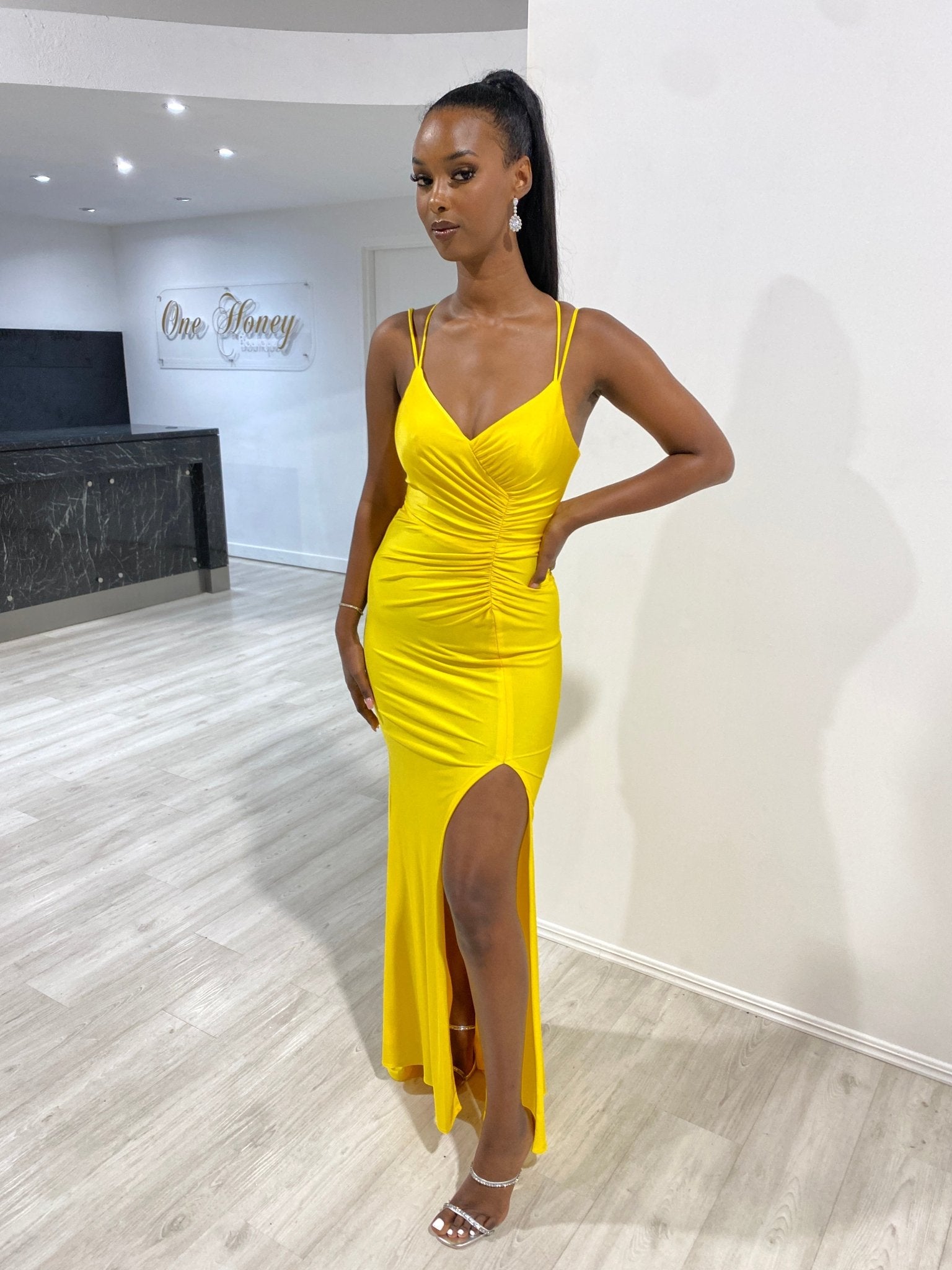 Honey Couture SOLANGE Neon Yellow Corset Ruched Formal Gown Dress in Australia | One Honey Boutique
